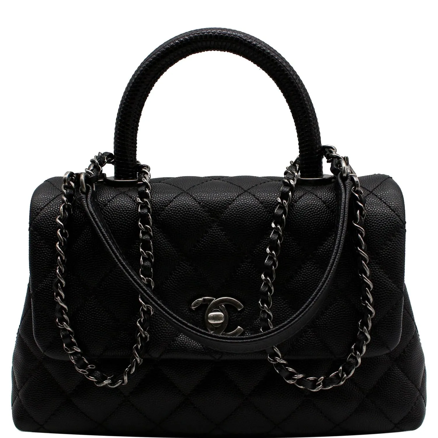 CHANEL Coco Mini Top Lizard Handle Caviar Leather Shoulder Bag Black