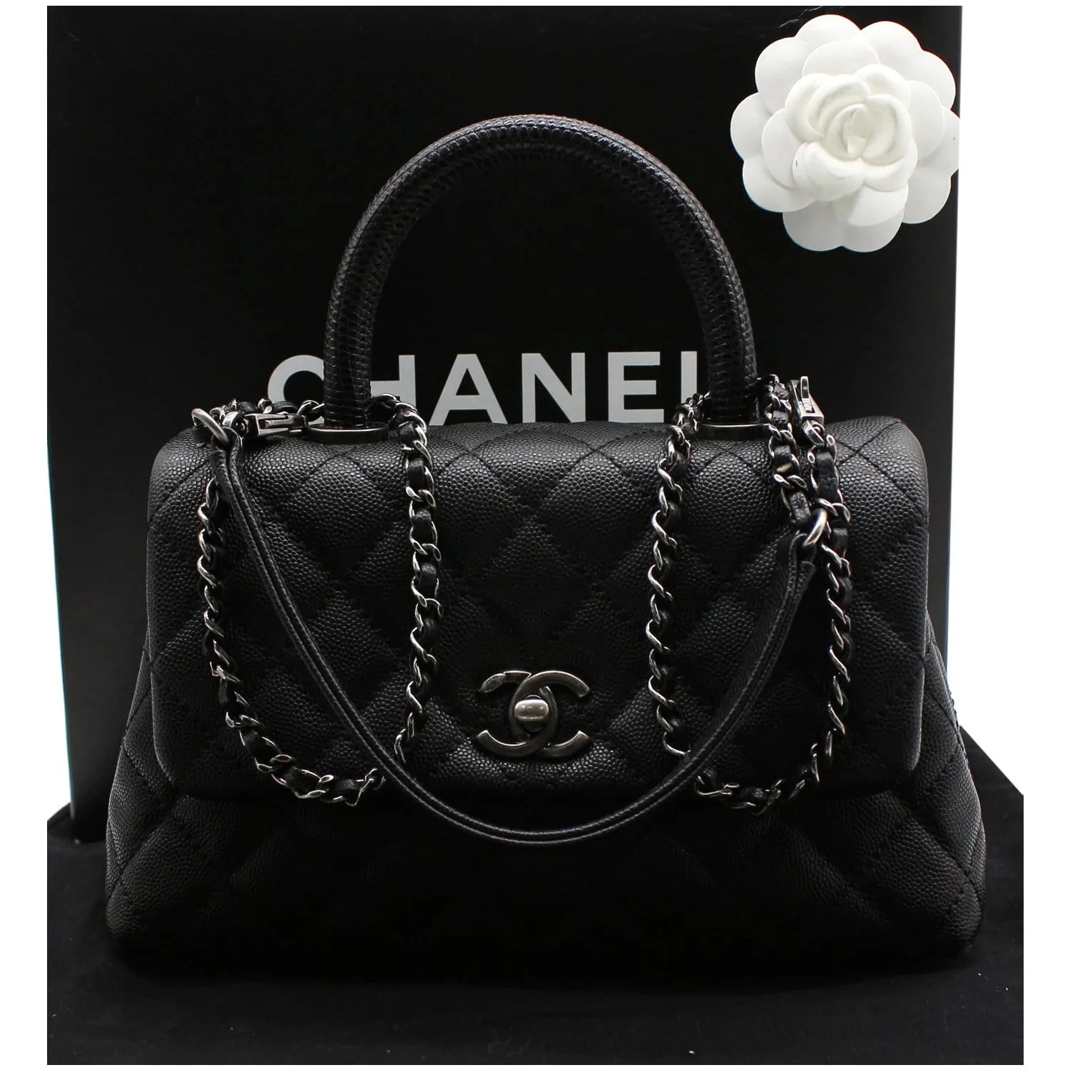 CHANEL Coco Mini Top Lizard Handle Caviar Leather Shoulder Bag Black