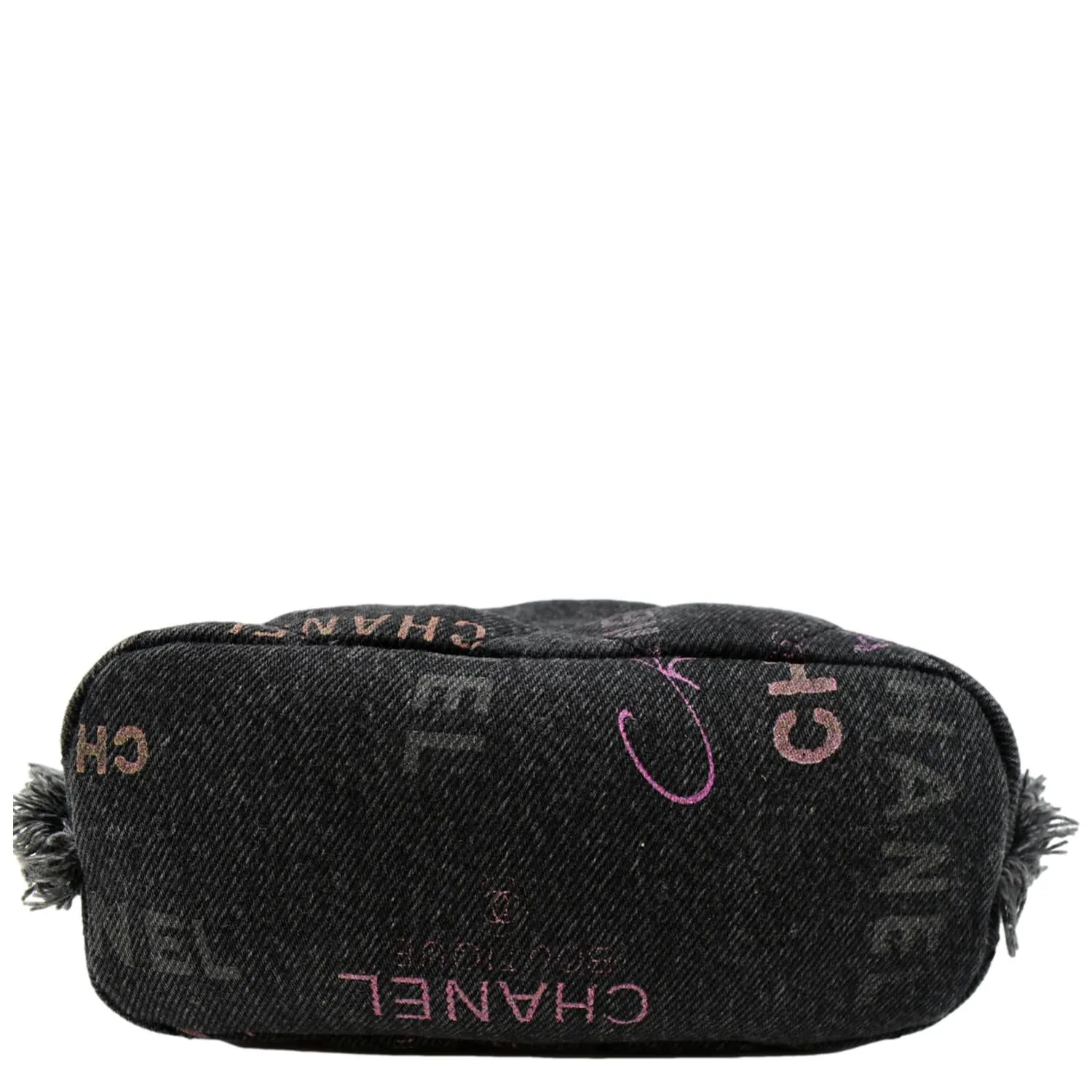 CHANEL Denim Mood Logo Printed Quilted Fringe Denim Chain Bucket Bag Black