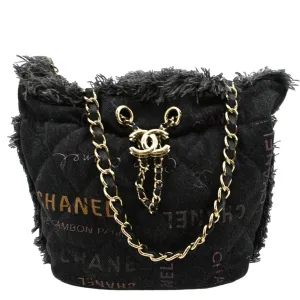 CHANEL Denim Mood Logo Printed Quilted Fringe Denim Chain Bucket Bag Black