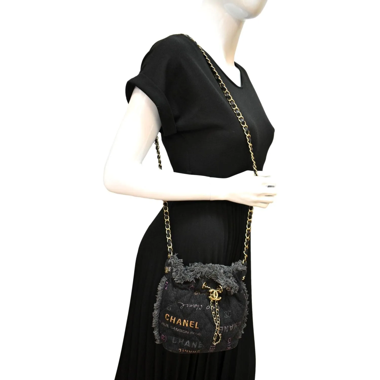 CHANEL Denim Mood Logo Printed Quilted Fringe Denim Chain Bucket Bag Black