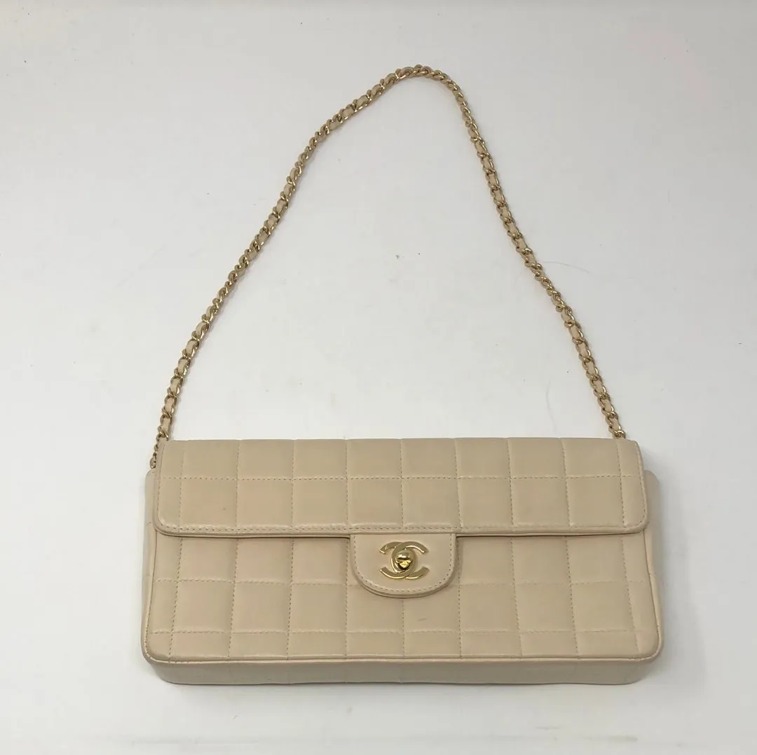 Chanel East West Beig Chocolate Bar Lambskin Clutch and Shoulder Bag