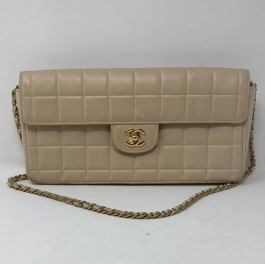 Chanel East West Beig Chocolate Bar Lambskin Clutch and Shoulder Bag