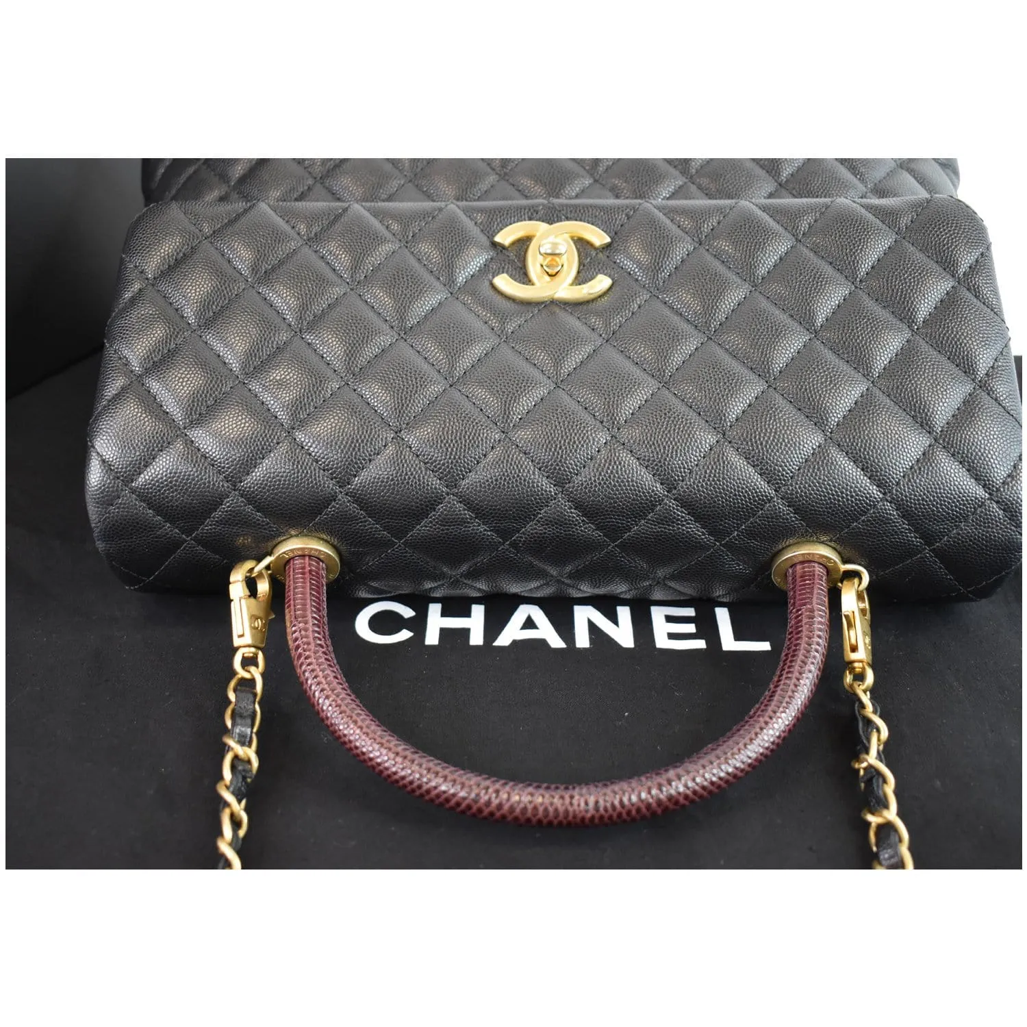 CHANEL Medium Coco Quilted Caviar Lizard Handle Shoulder Bag Black