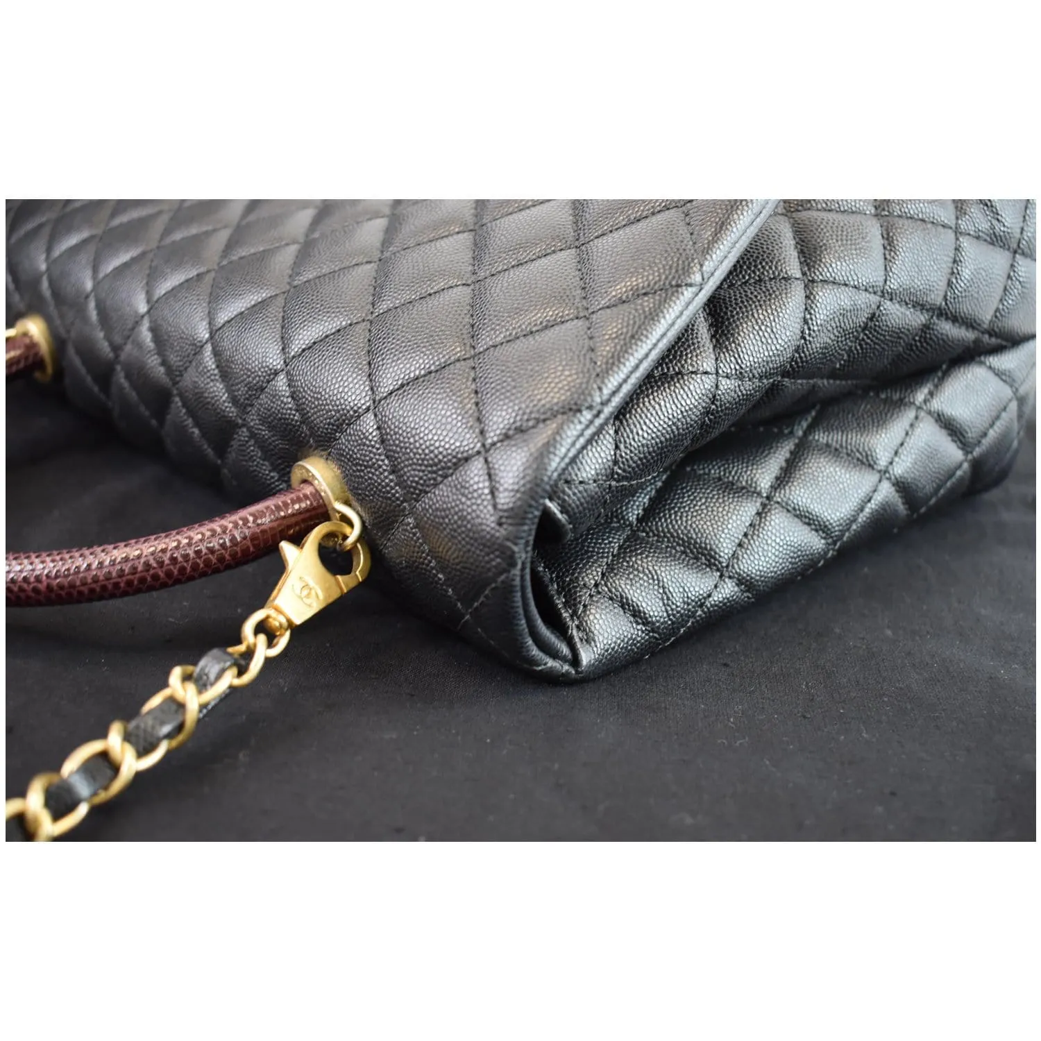 CHANEL Medium Coco Quilted Caviar Lizard Handle Shoulder Bag Black