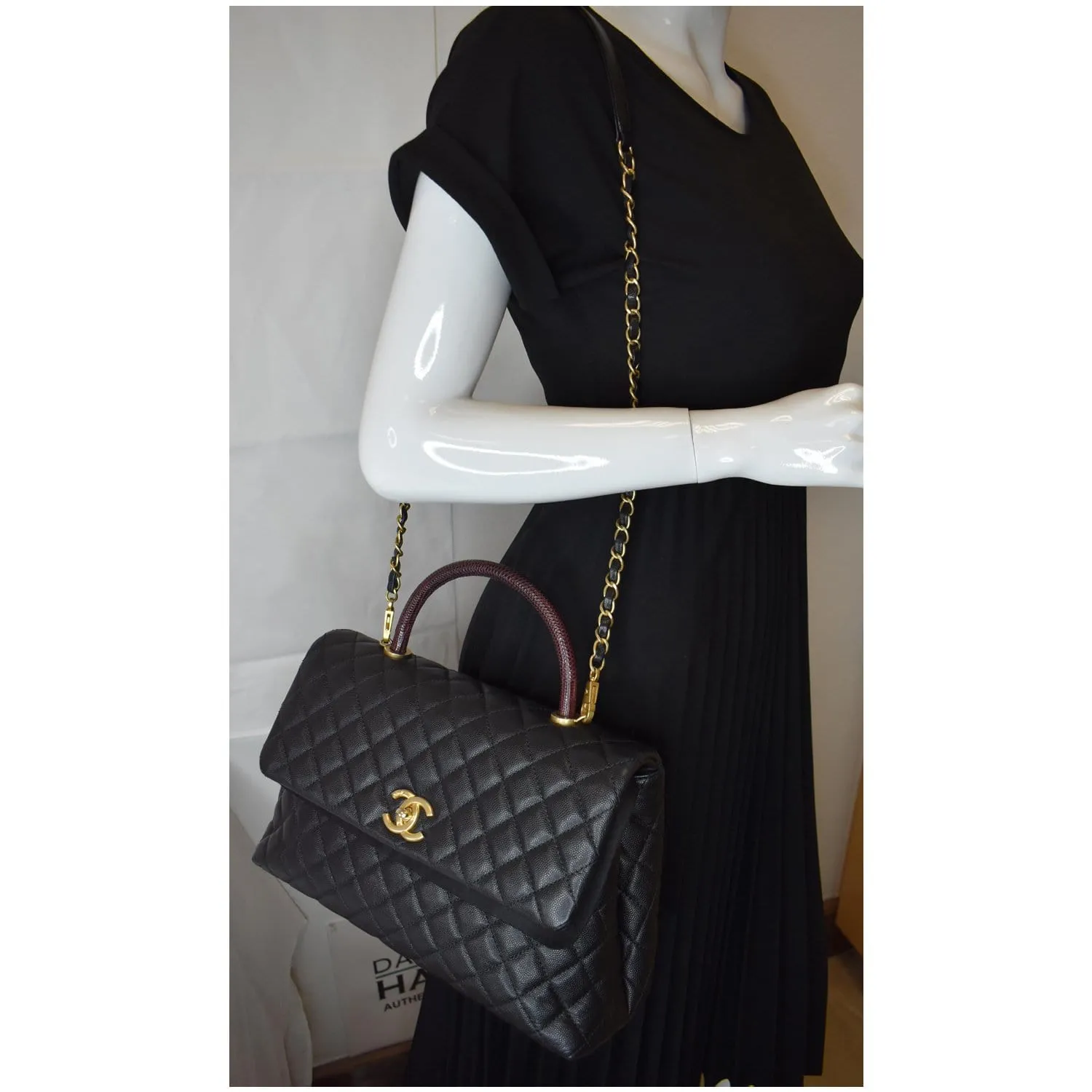 CHANEL Medium Coco Quilted Caviar Lizard Handle Shoulder Bag Black