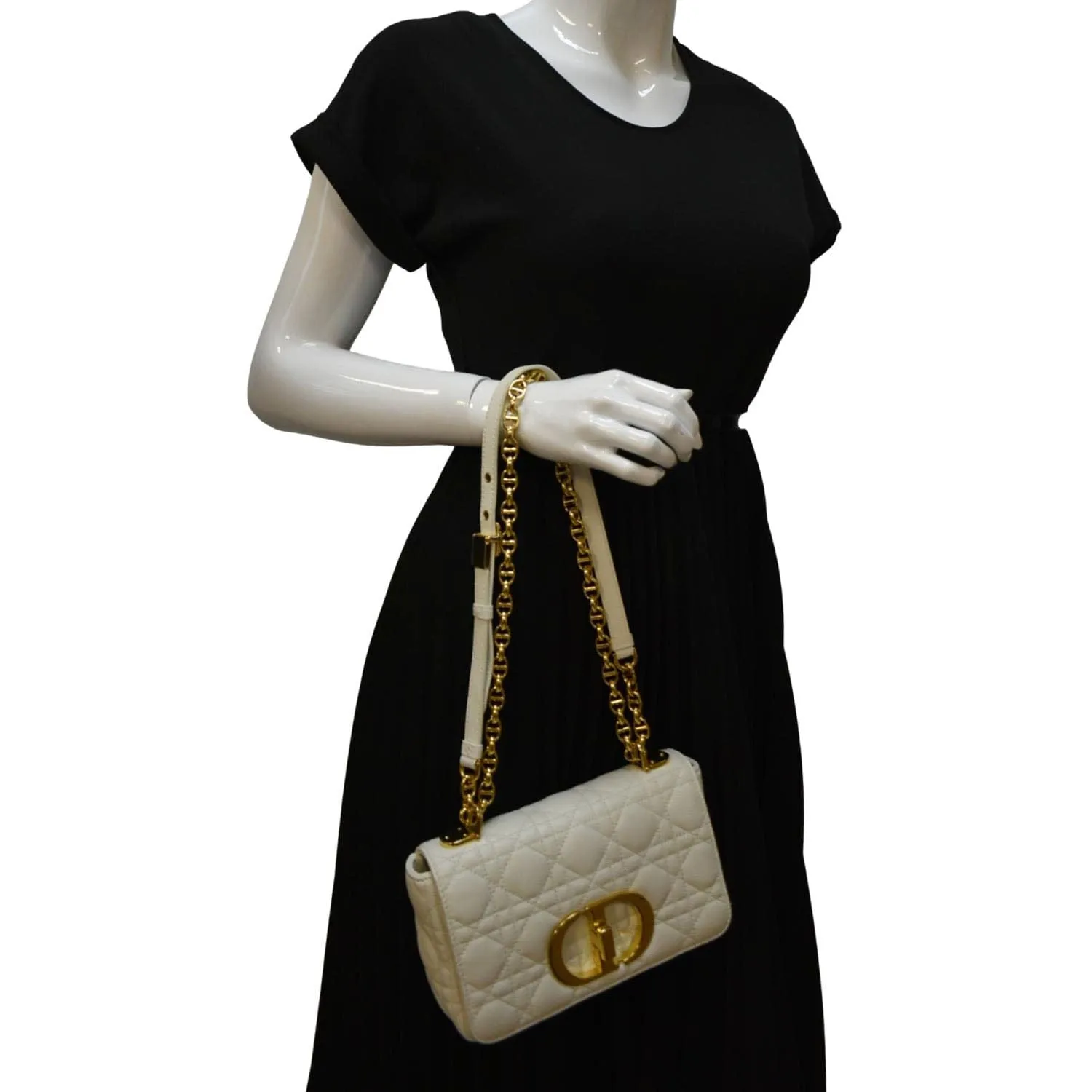 CHRISTIAN DIOR Caro Small Supple Cannage Calfskin Leather Shoulder Bag Ivory
