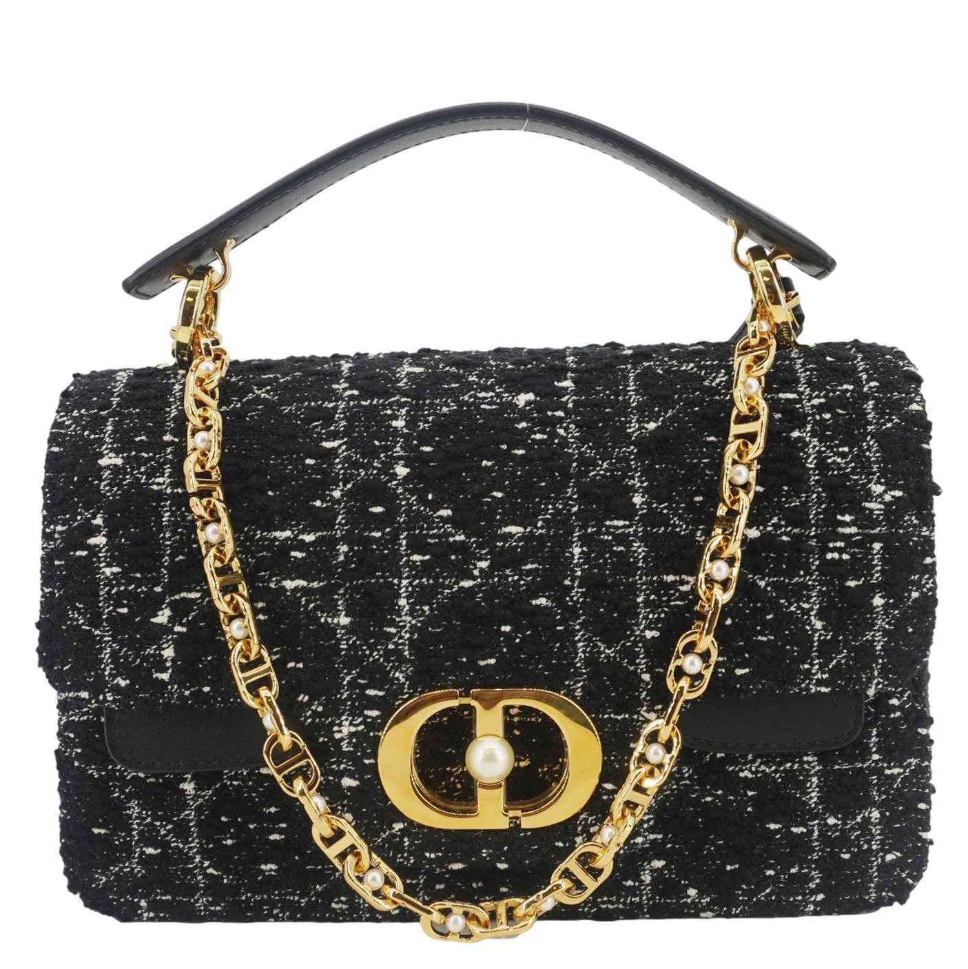 CHRISTIAN DIOR Jolie Small Cannage Tweed Top Handle Shoulder Bag Black