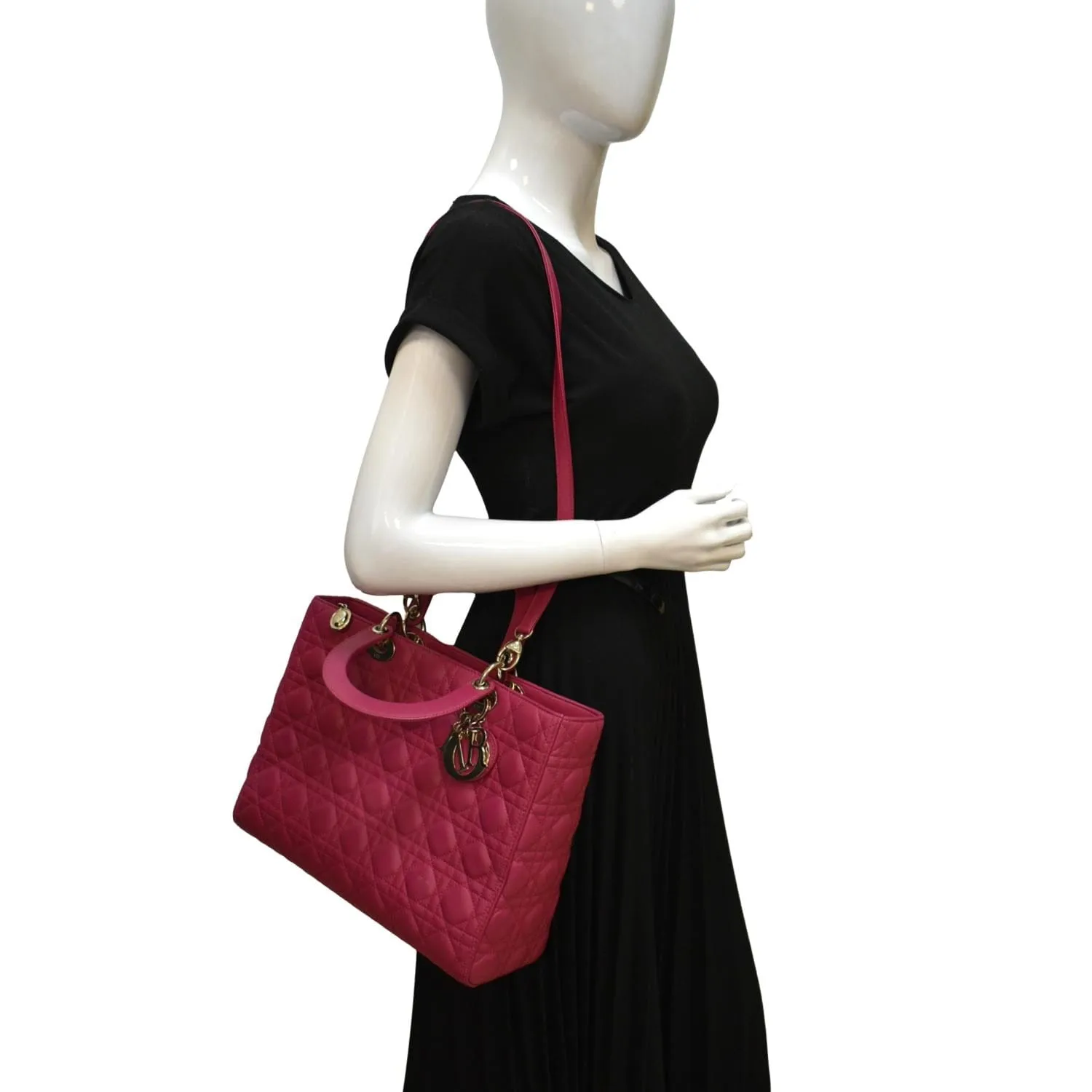 CHRISTIAN DIOR Large Lady Dior Cannage Lambskin Shoulder Bag Pink