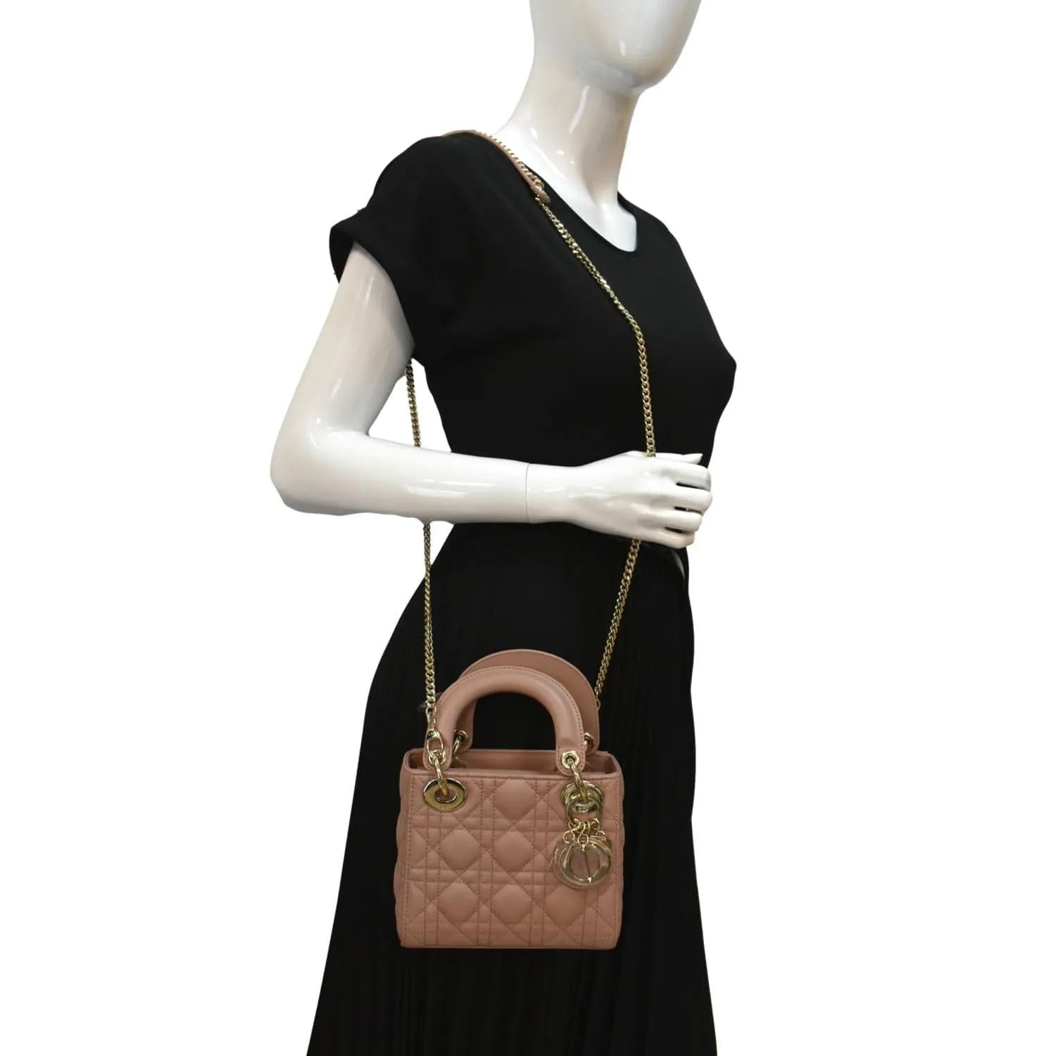CHRISTIAN DIOR Mini Lady Dior Cannage Calfskin Leather Shoulder Bag Blush