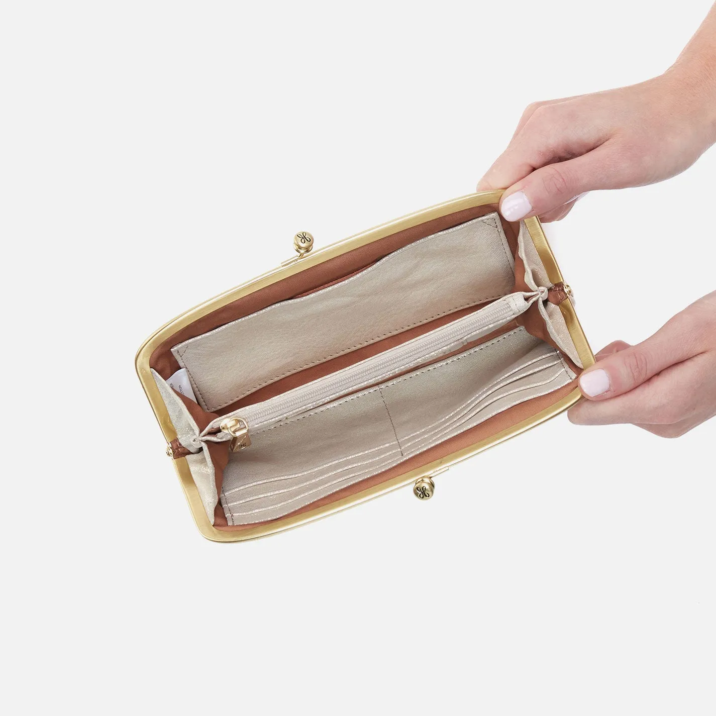 Cora Large Frame Wallet In Metallic Leather - Sand Shimmer