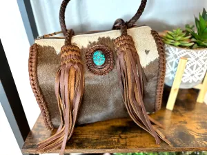 Cowhide Leather Braided Handle Fringe Handbag