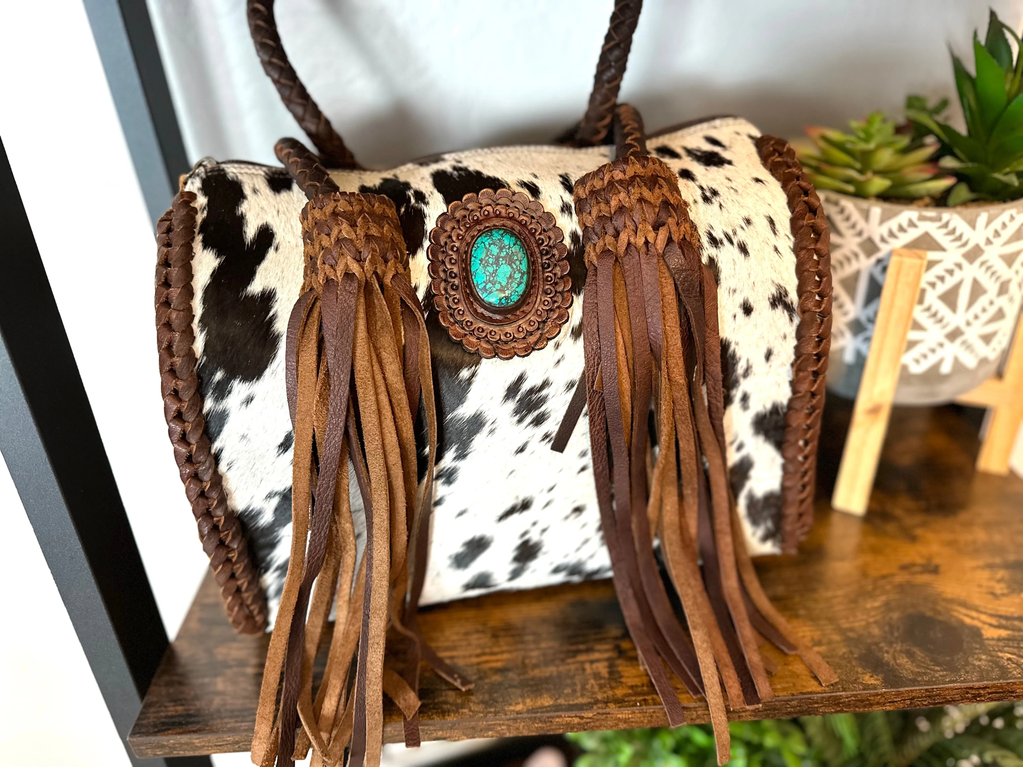 Cowhide Leather Braided Handle Fringe Handbag