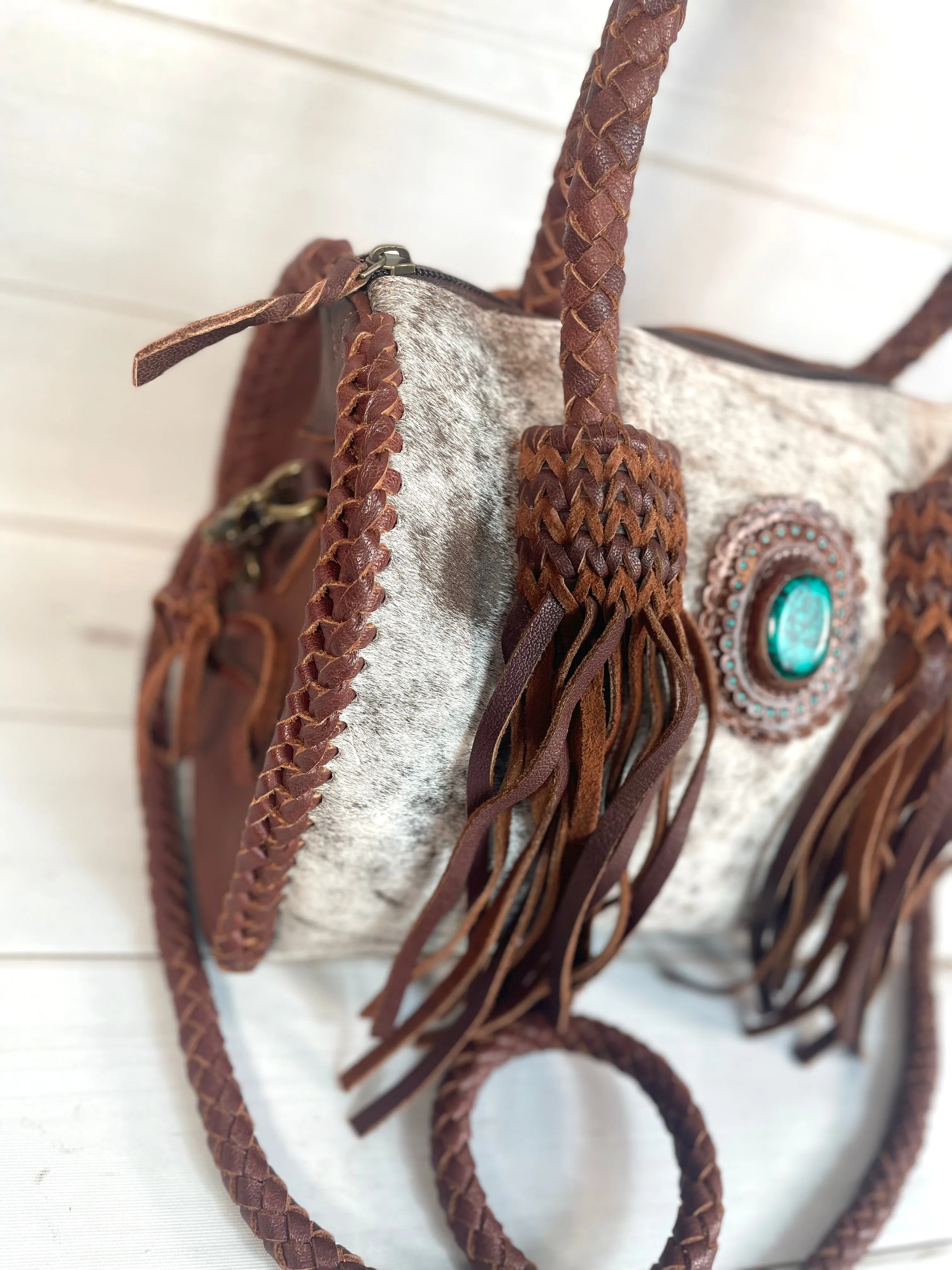 Cowhide Leather Braided Handle Fringe Handbag
