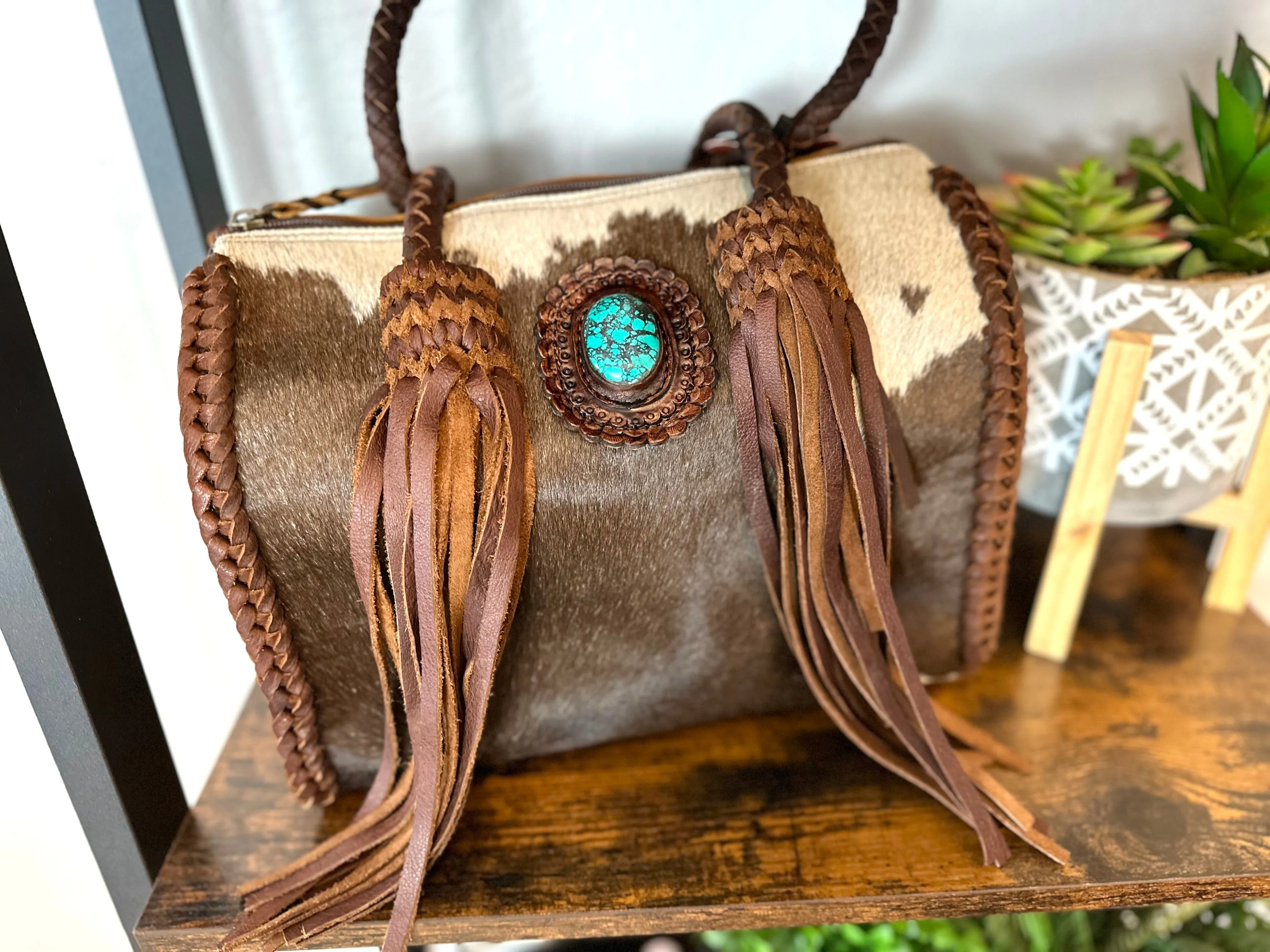 Cowhide Leather Braided Handle Fringe Handbag