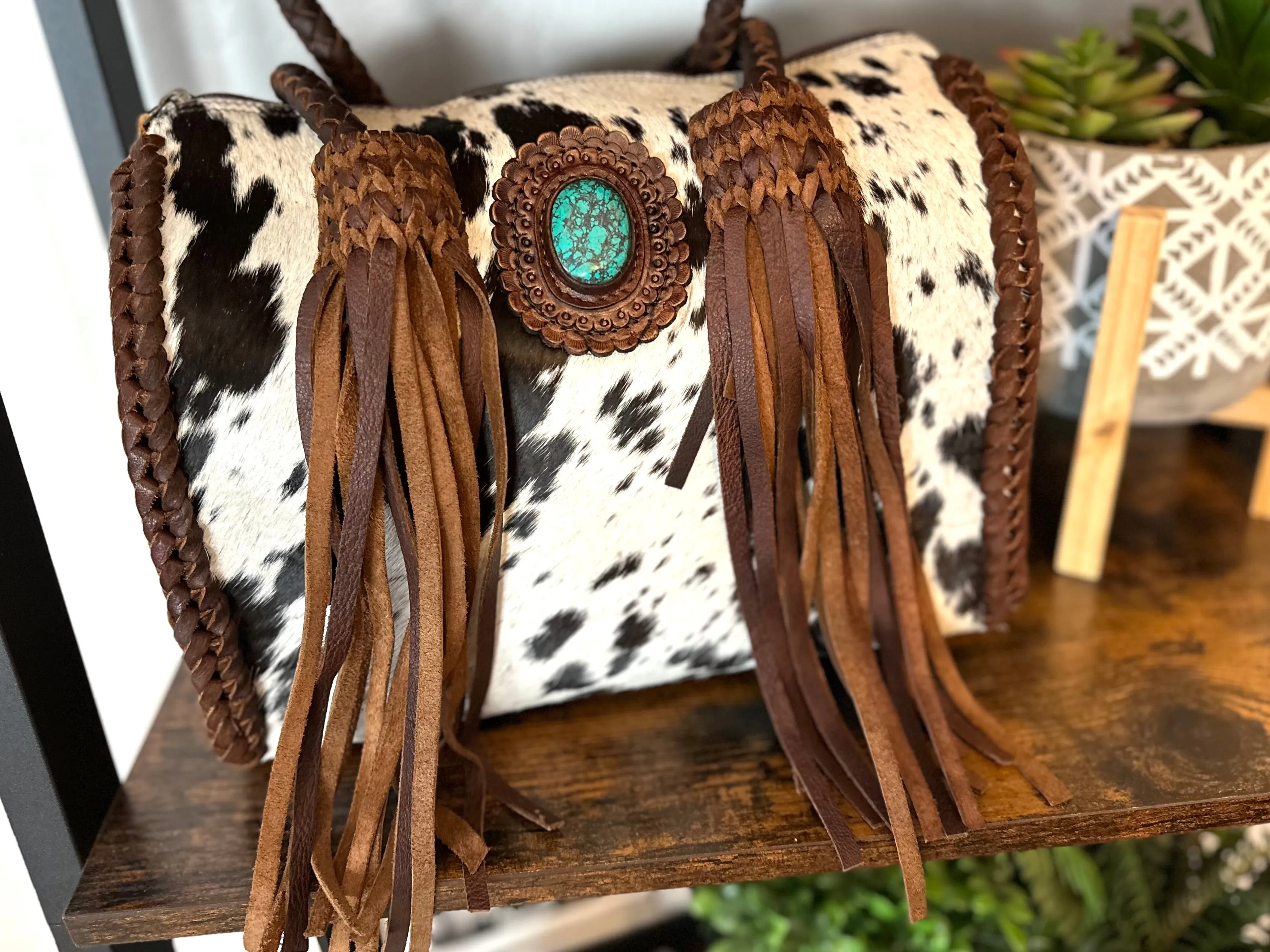 Cowhide Leather Braided Handle Fringe Handbag