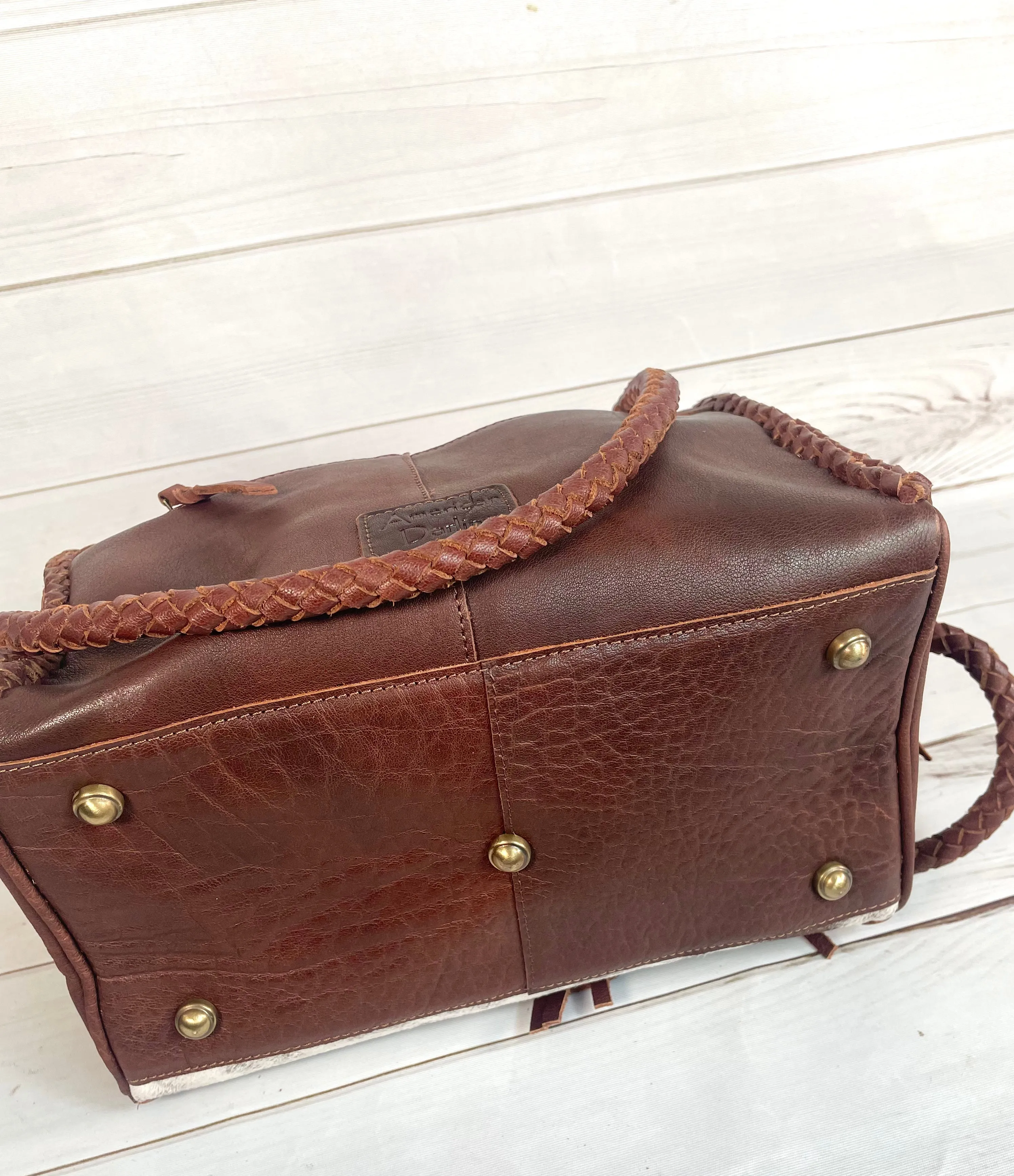 Cowhide Leather Braided Handle Fringe Handbag