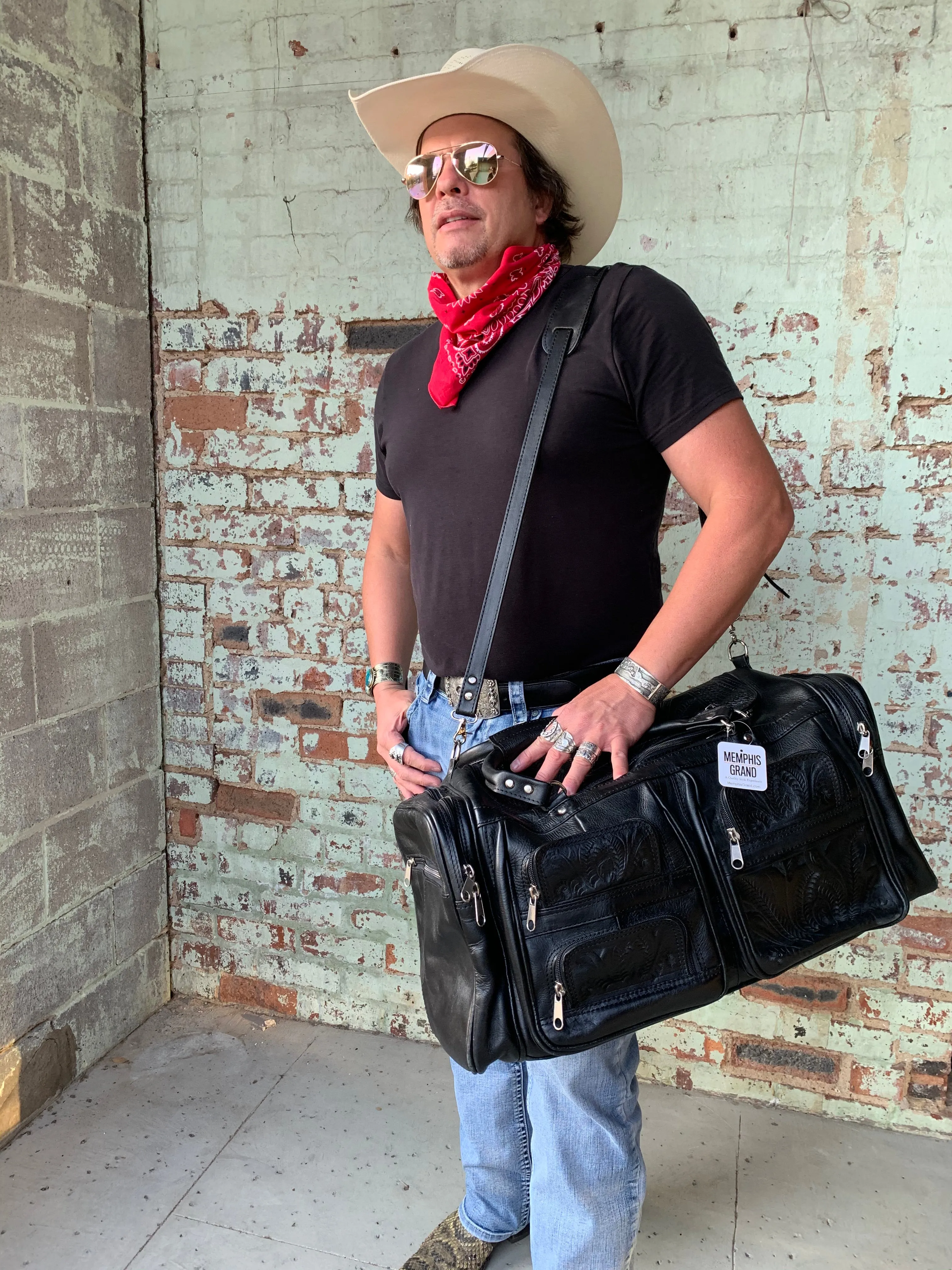 Duffle Bag in Hand Tooled Leather, Large, Multi Colors 480L