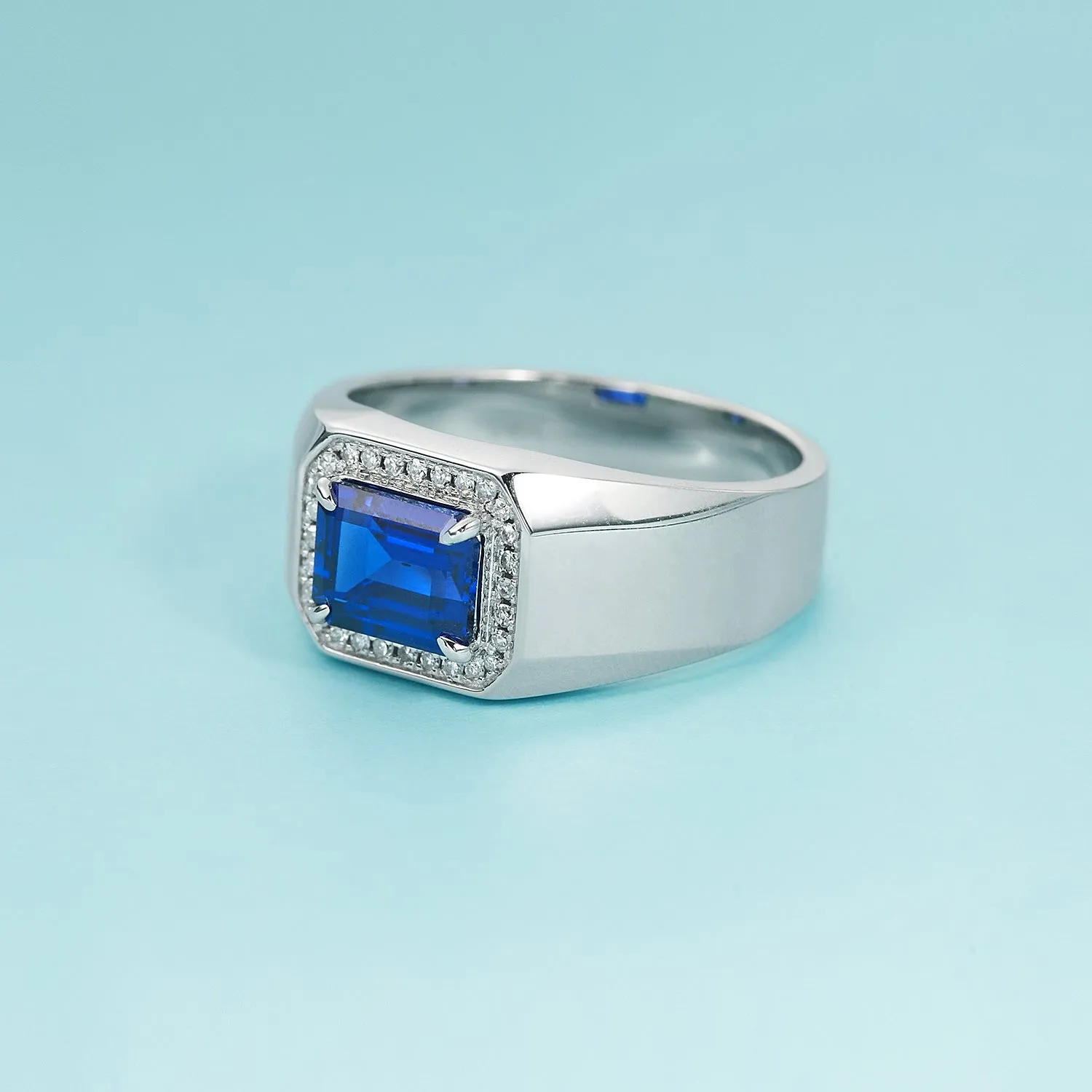 Emerald Blue Sapphire & Diamond Engagement Man's Halo Ring 14k Yellow Gold