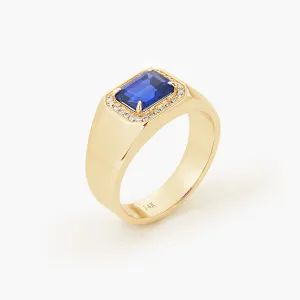 Emerald Blue Sapphire & Diamond Engagement Man's Halo Ring 14k Yellow Gold