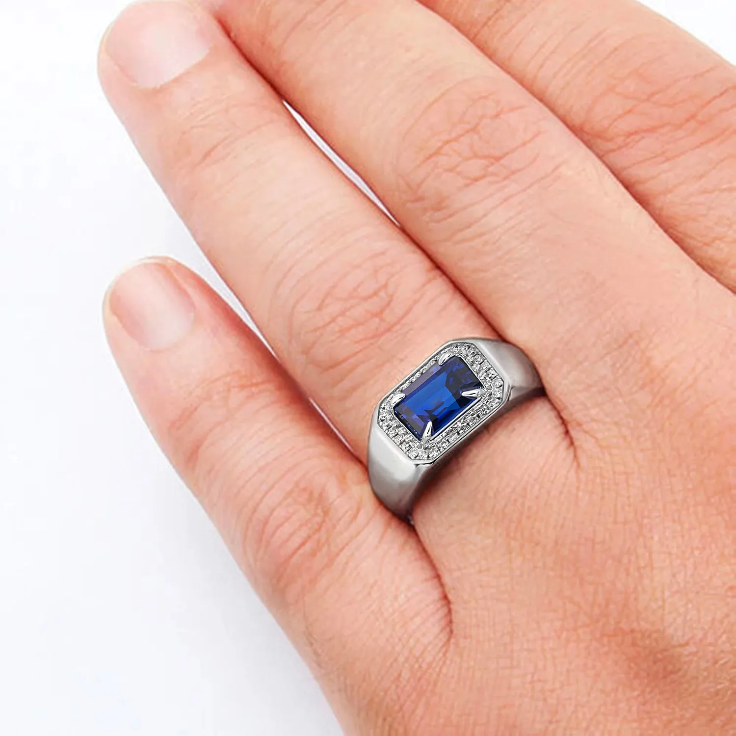 Emerald Blue Sapphire & Diamond Engagement Man's Halo Ring 14k Yellow Gold