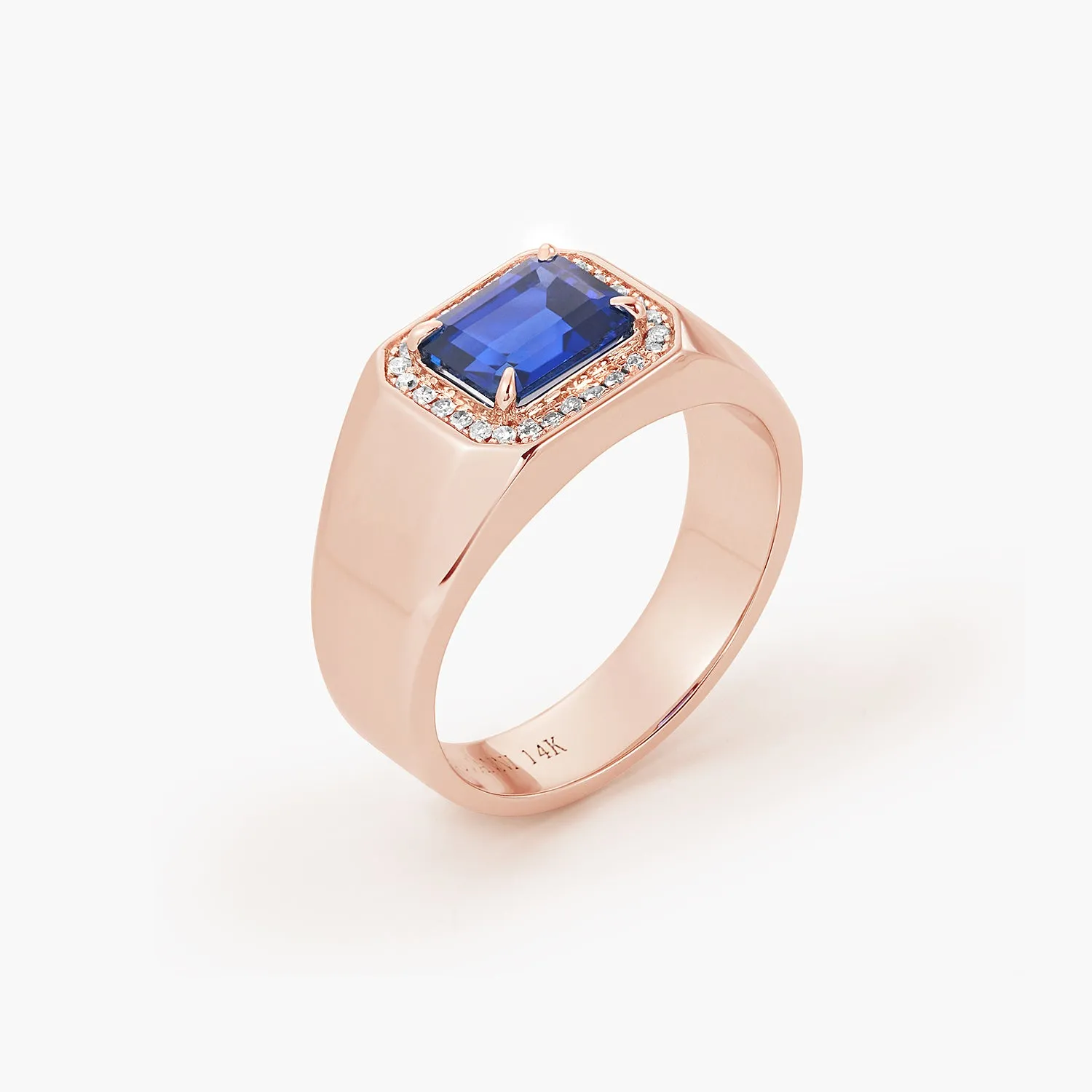 Emerald Blue Sapphire & Diamond Engagement Man's Halo Ring 14k Yellow Gold