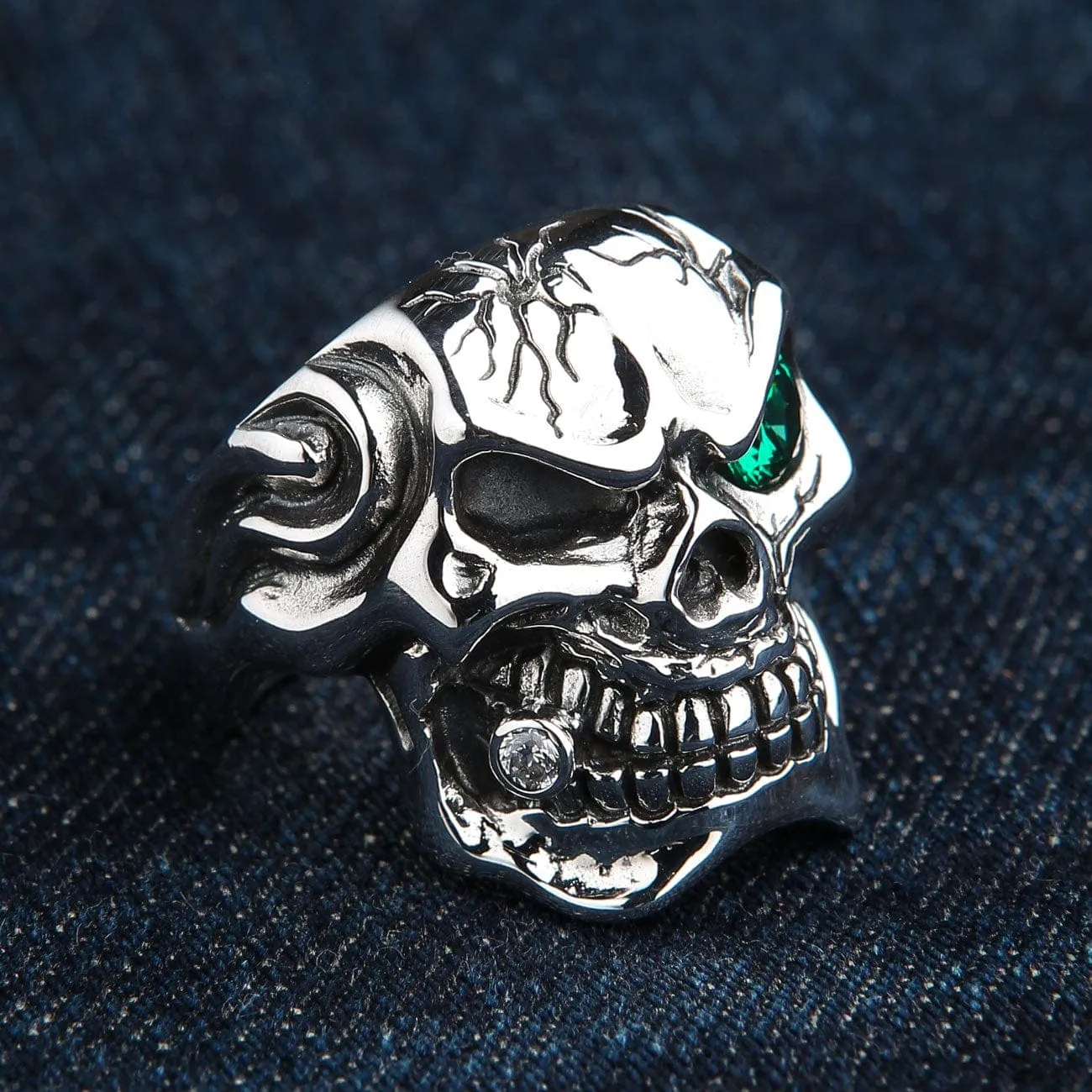 Emerald Green Eye Sterling Silver Men's Skull Ring