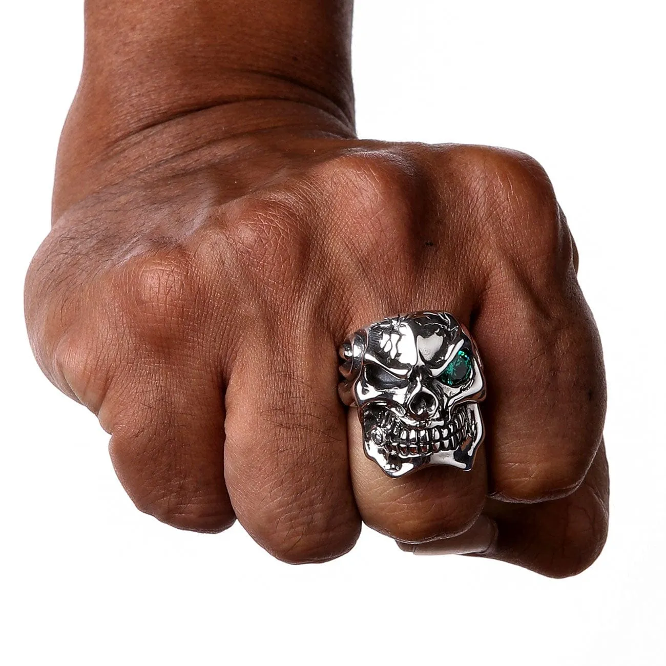 Emerald Green Eye Sterling Silver Men's Skull Ring