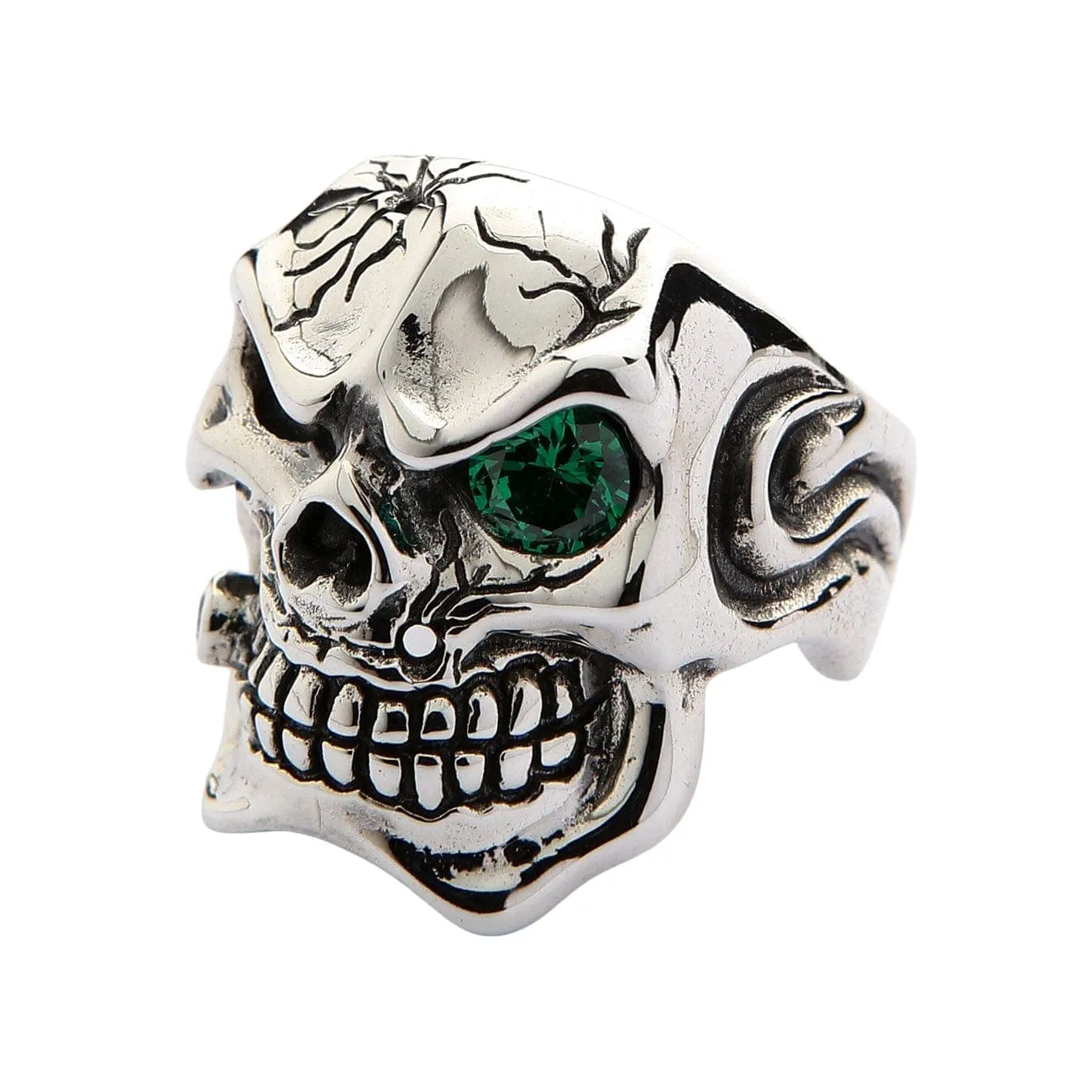 Emerald Green Eye Sterling Silver Men's Skull Ring