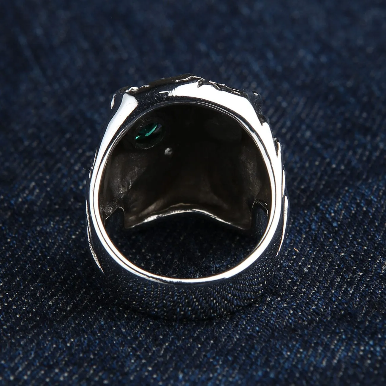 Emerald Green Eye Sterling Silver Men's Skull Ring