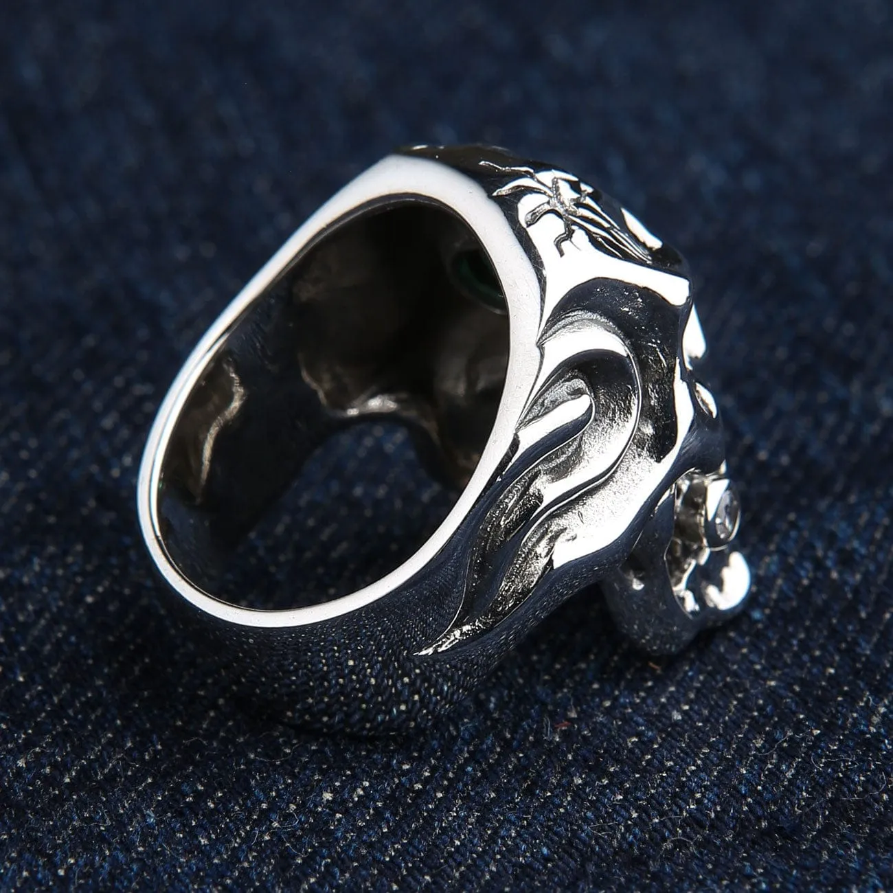 Emerald Green Eye Sterling Silver Men's Skull Ring