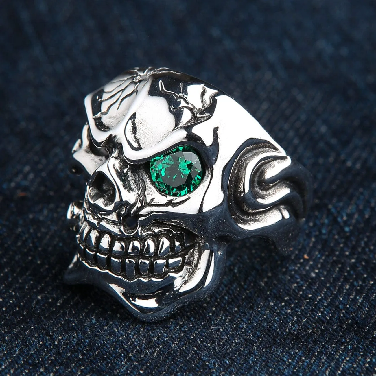 Emerald Green Eye Sterling Silver Men's Skull Ring