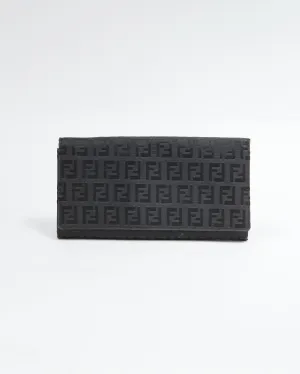 Fendi Black Zucchino Canvas Continental Flap Wallet