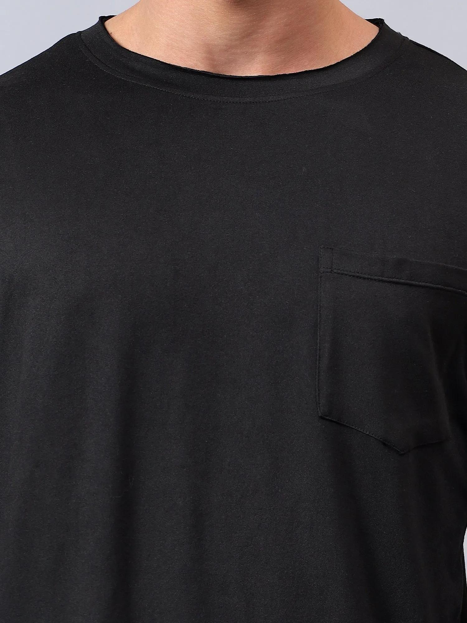 Fitkin men's black raw edge neck style long sleeevs t-shirt