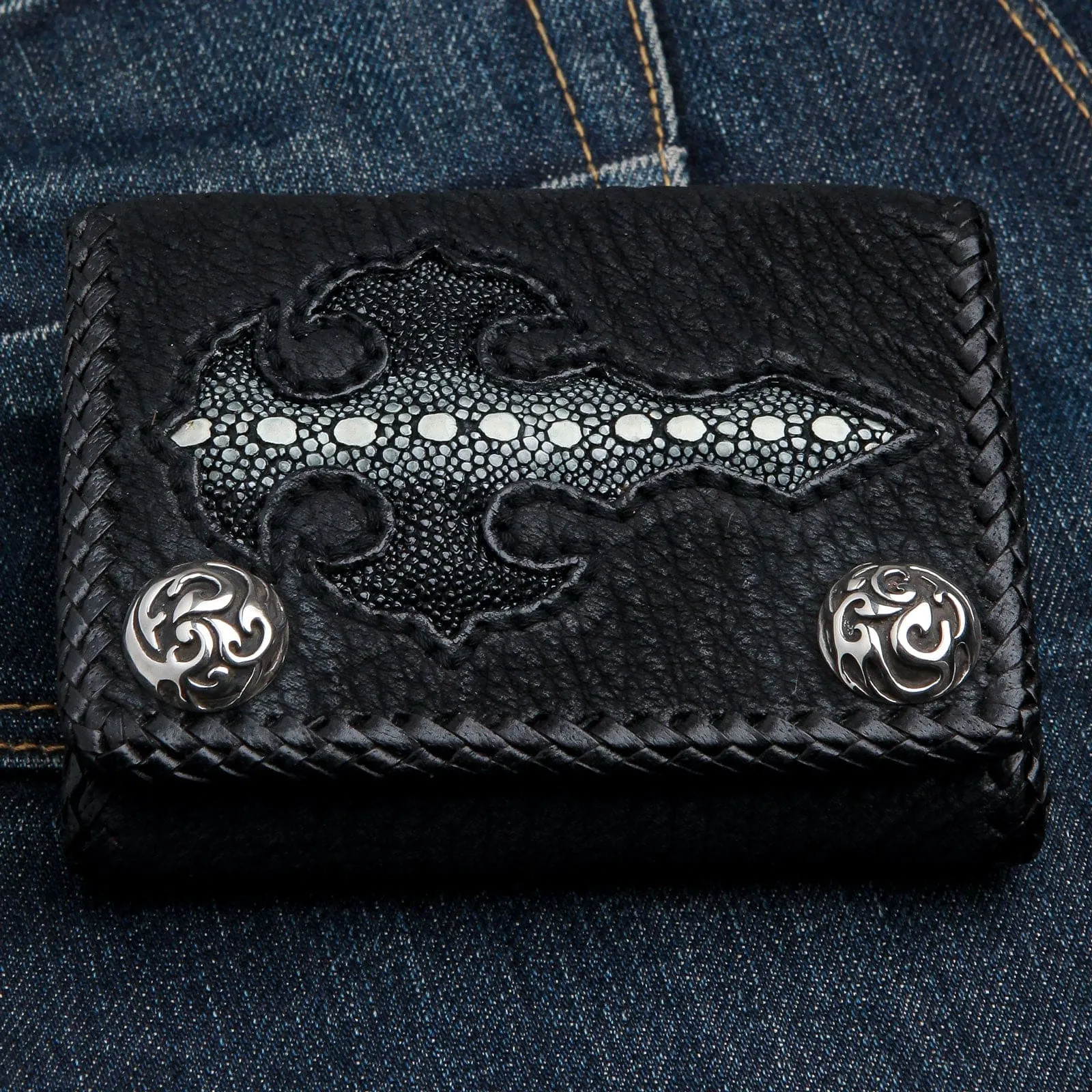 Genuine Black Stingray Gothic Cross Biker Chain Wallet