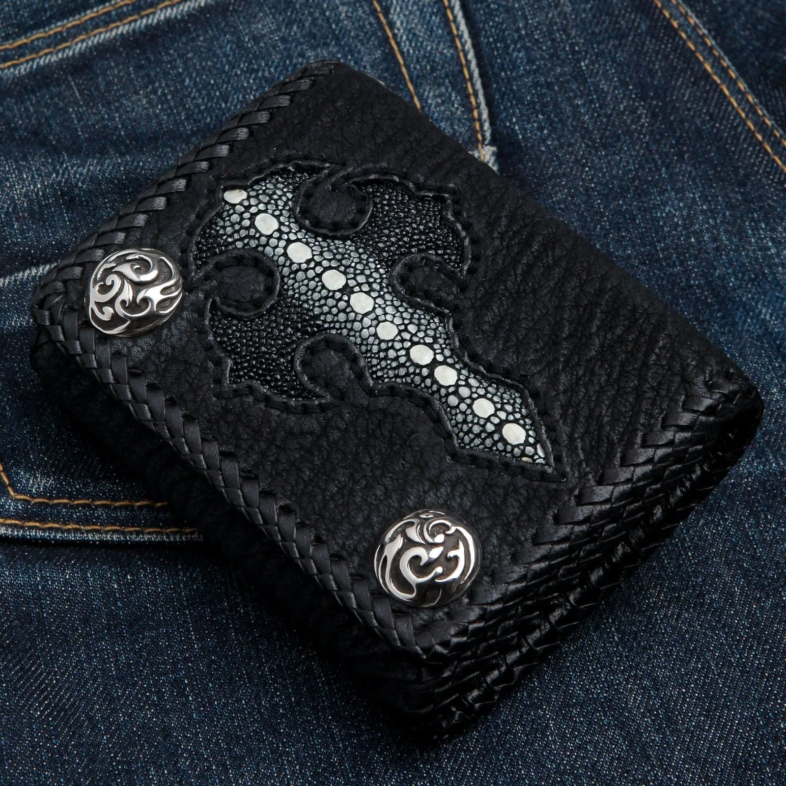 Genuine Black Stingray Gothic Cross Biker Chain Wallet
