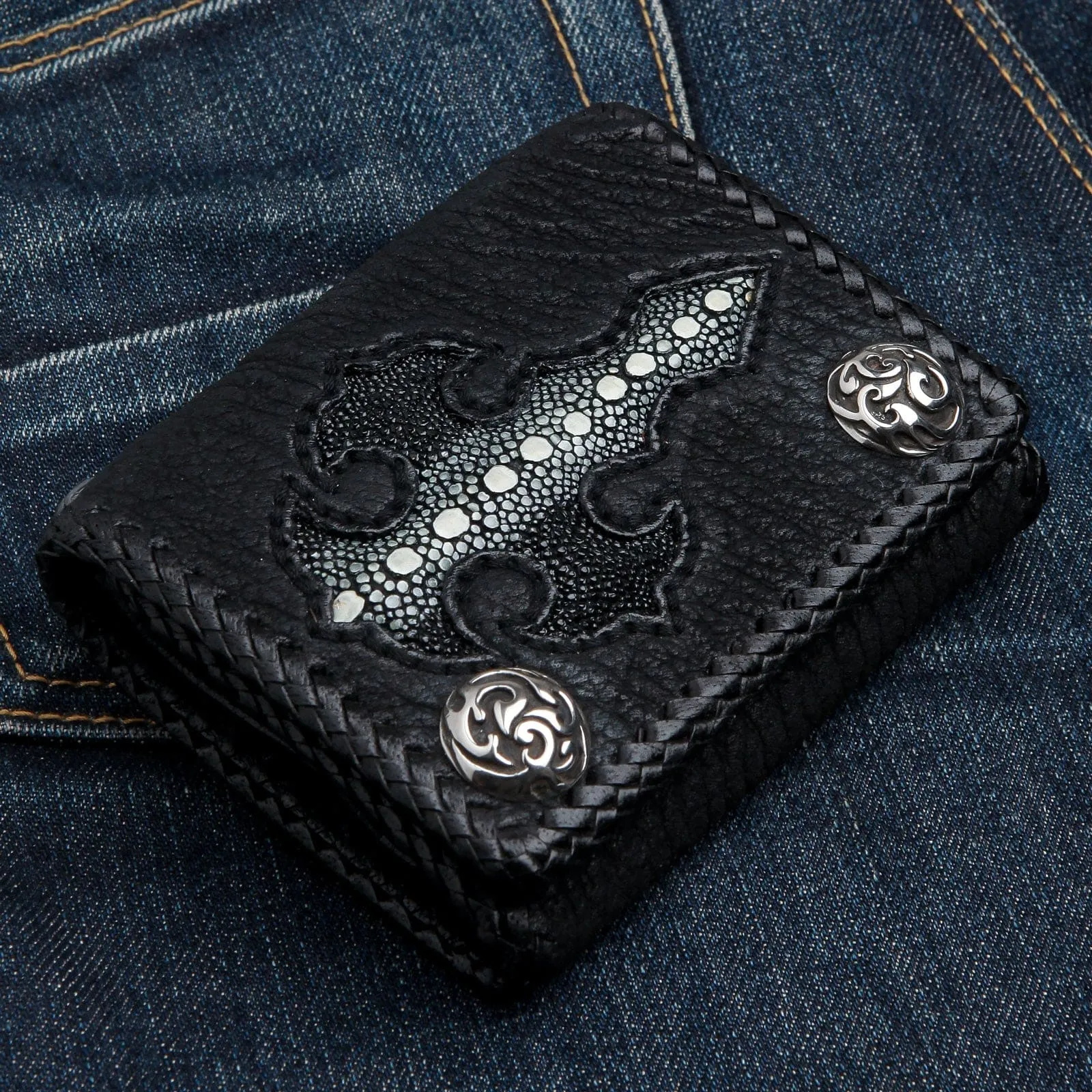 Genuine Black Stingray Gothic Cross Biker Chain Wallet