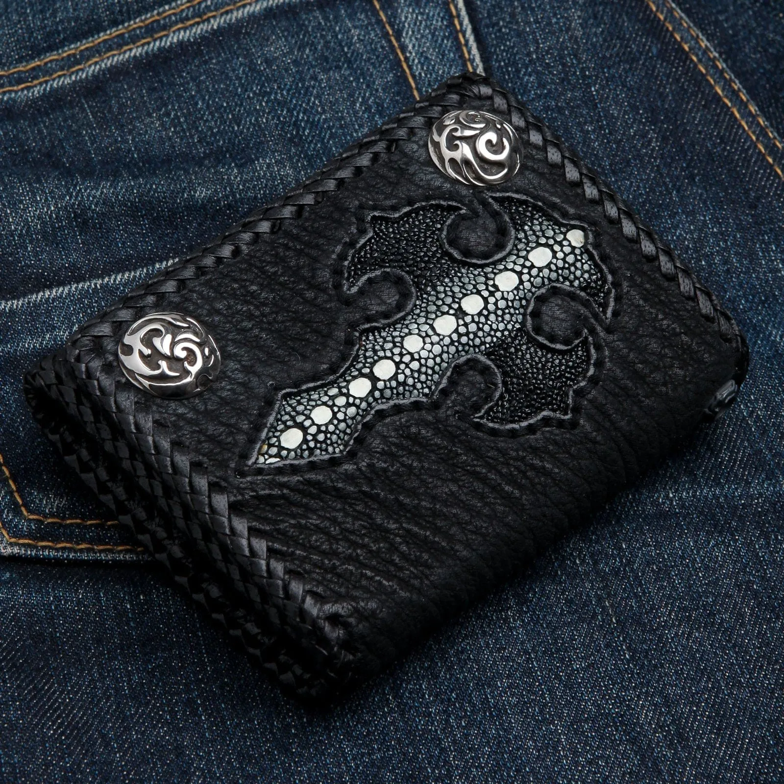 Genuine Black Stingray Gothic Cross Biker Chain Wallet