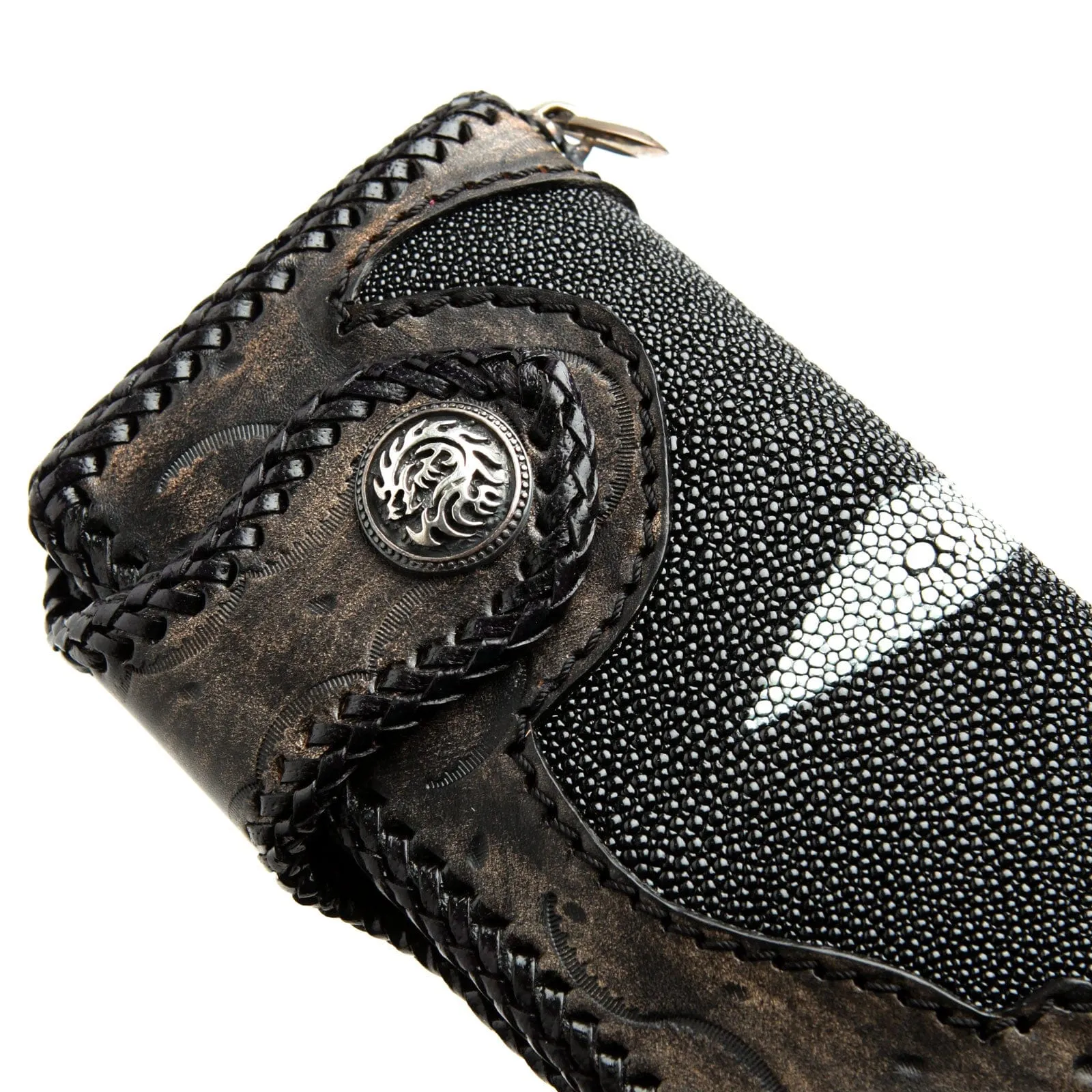 Genuine Stingray Leather Silver Dragon Concho Big Biker Wallet