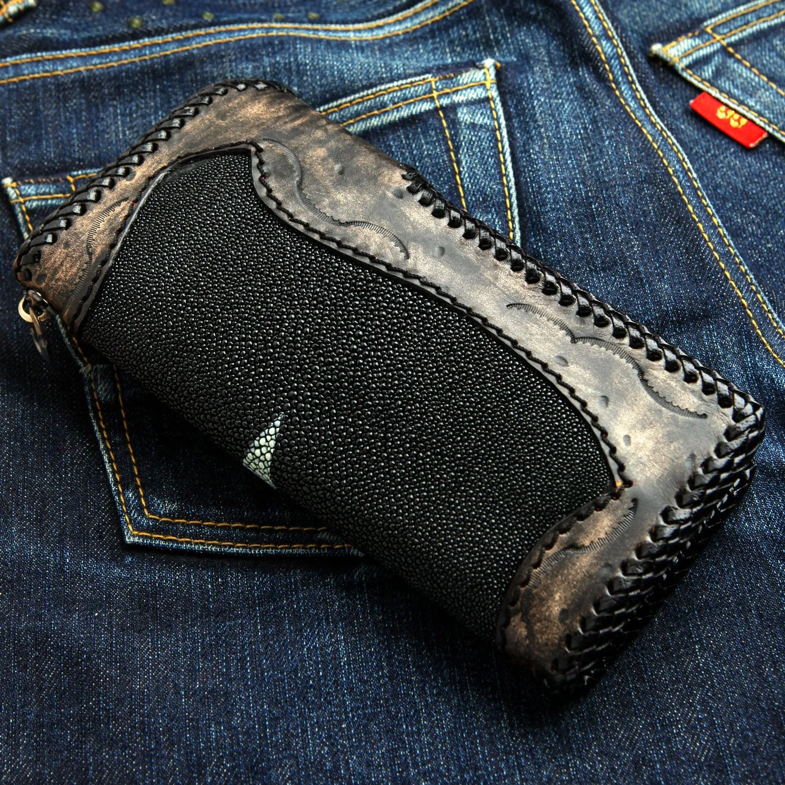 Genuine Stingray Leather Silver Dragon Concho Big Biker Wallet