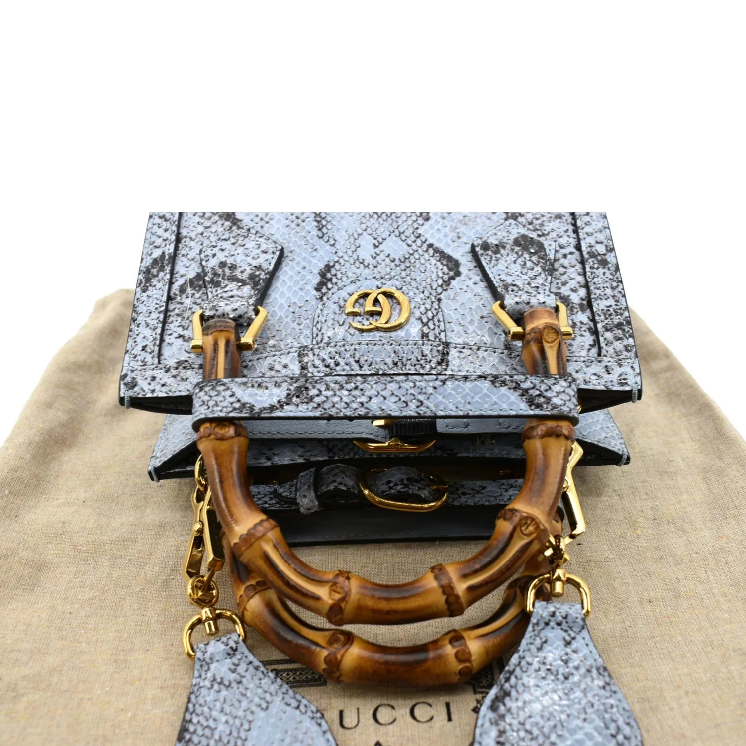 GUCCI Diana Bamboo Mini Python Leather Tote Bag Light Blue