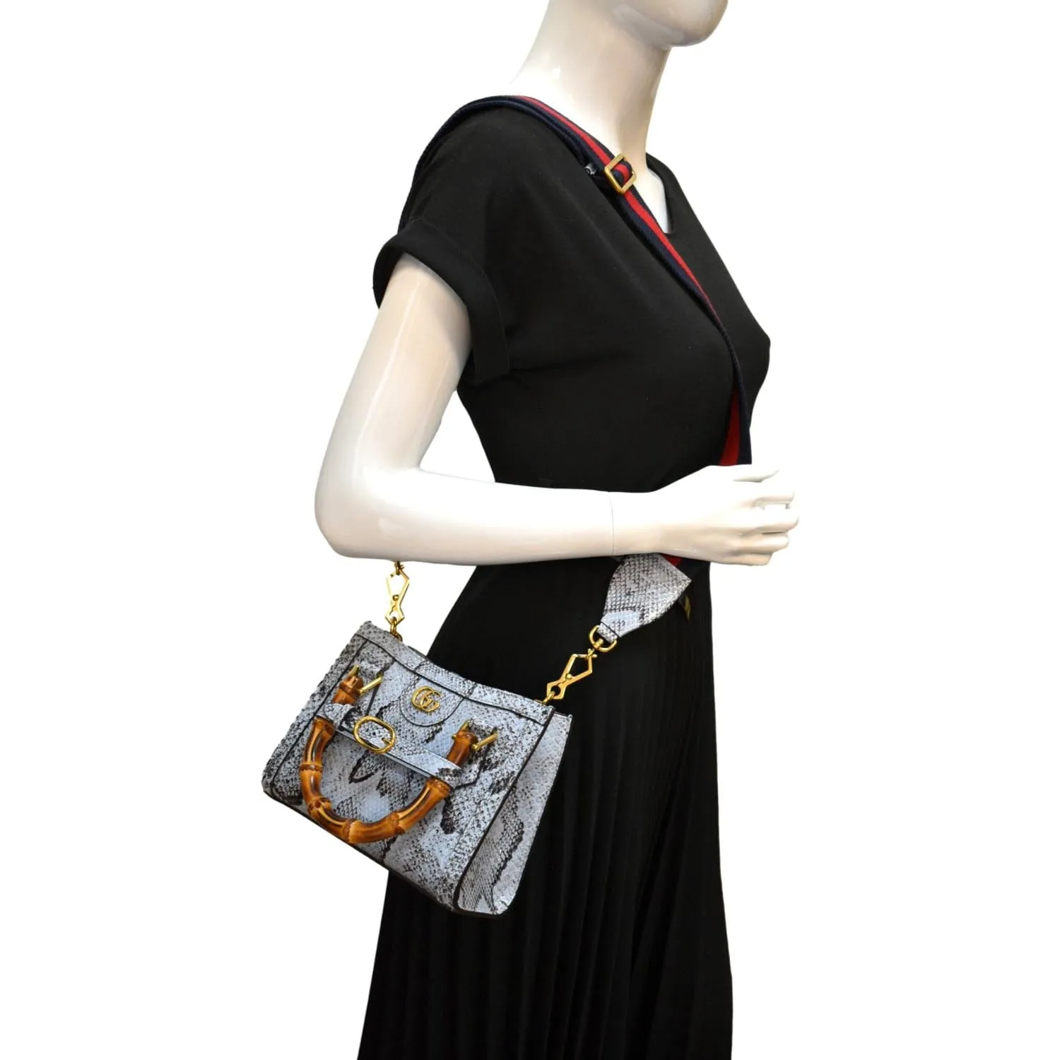 GUCCI Diana Bamboo Mini Python Leather Tote Bag Light Blue