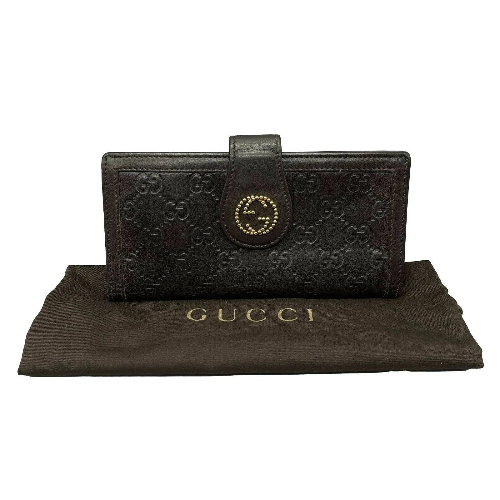 GUCCI - Monogrammed Snap Brown Leather Wallet - Gold GG Logo