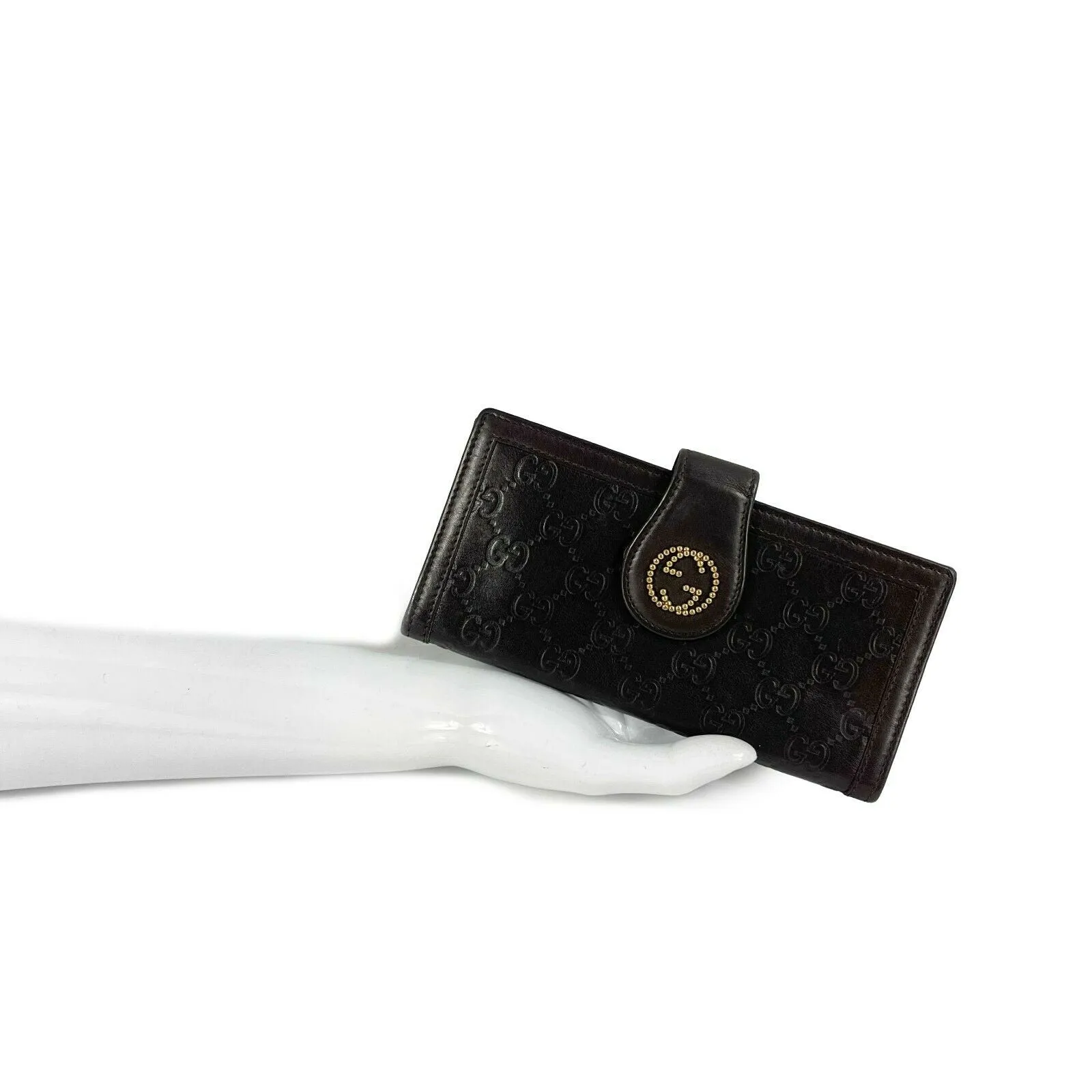 GUCCI - Monogrammed Snap Brown Leather Wallet - Gold GG Logo