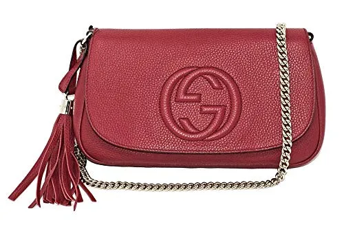 Gucci Soho Interlocking GG Red Leather Chain Flap Shoulder Bag Handbag Italy New
