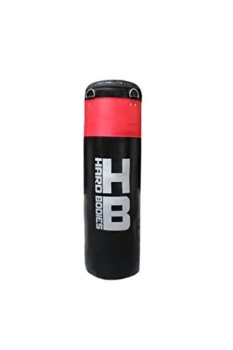 Hard Bodies Professional Synthetic Leather Boxing Punching Bag for Kickboxing, Muay Thai Along with Hanging Chain , Hand Wraps & Key Chain ( Filled ) (3 Feet Pro Punching Bag Black & Red)