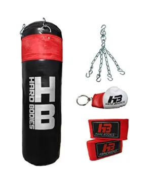 Hard Bodies Professional Synthetic Leather Boxing Punching Bag for Kickboxing, Muay Thai Along with Hanging Chain , Hand Wraps & Key Chain ( Filled ) (3 Feet Pro Punching Bag Black & Red)