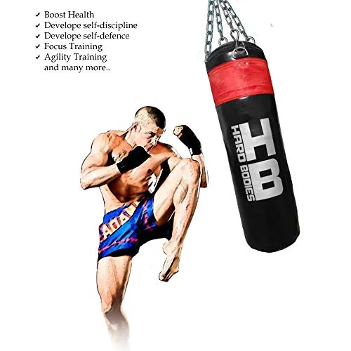 Hard Bodies Professional Synthetic Leather Boxing Punching Bag for Kickboxing, Muay Thai Along with Hanging Chain , Hand Wraps & Key Chain ( Filled ) (3 Feet Pro Punching Bag Black & Red)