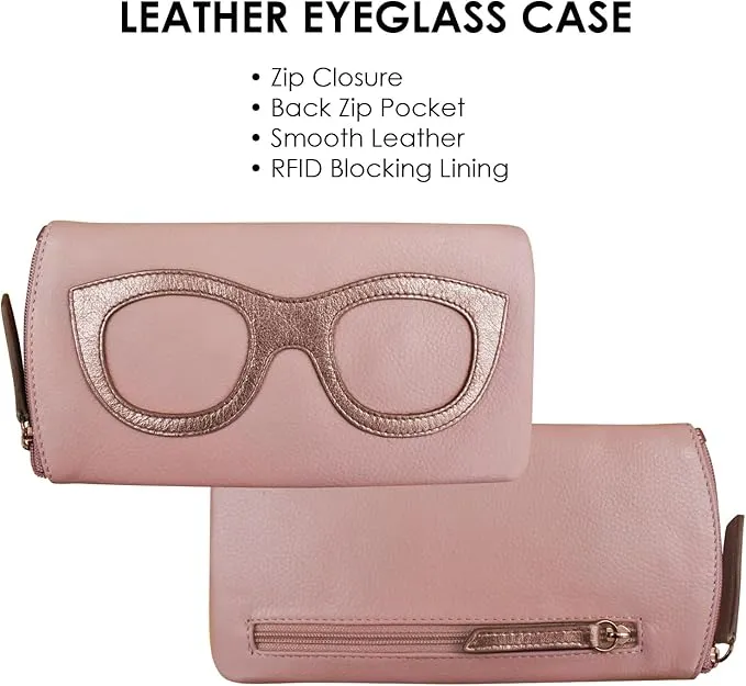 ILI New York Leather Eyeglass Case Zippered Glasses Frame Wallet Blush Rose NEW