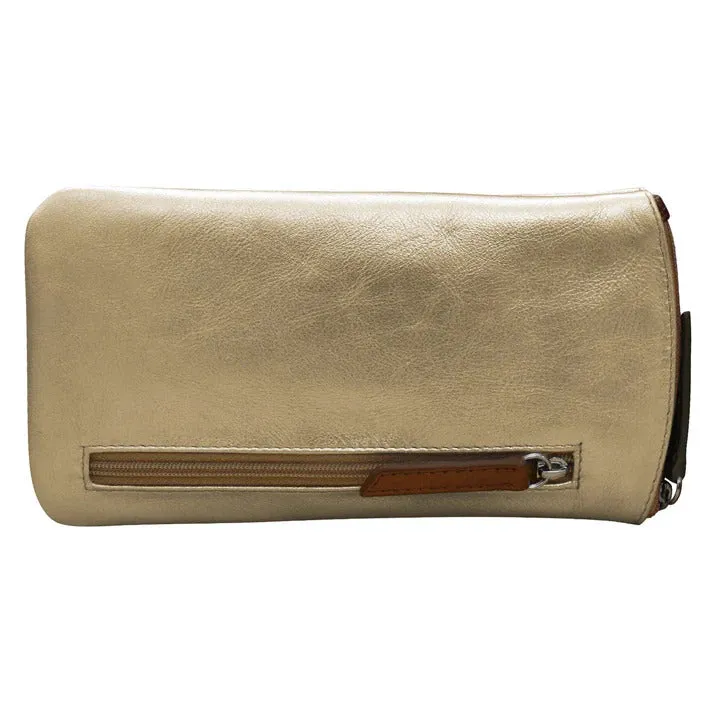ILI New York Leather Eyeglass Case Zippered Glasses Wallet Light Gold Silver NEW